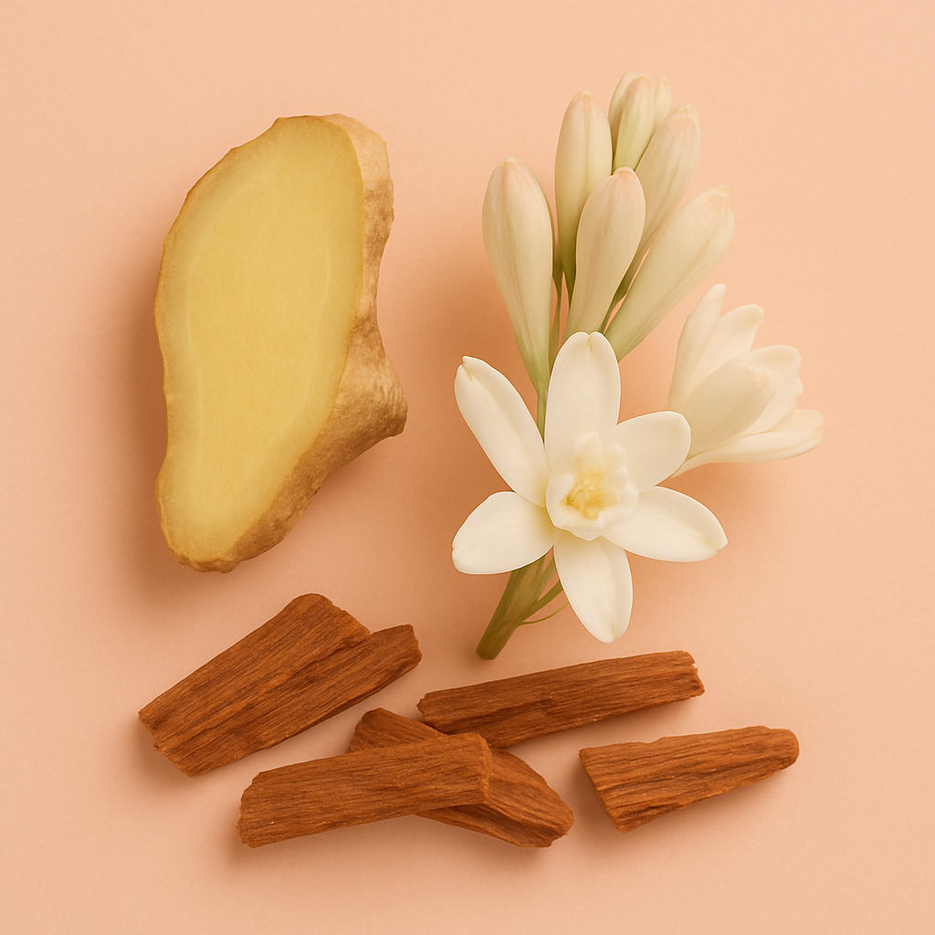 Arrangement von Ingwerscheibe, weißen Blumen und Holzstücken, die den Duft ÉCLAT Floral Ginger darstellen.