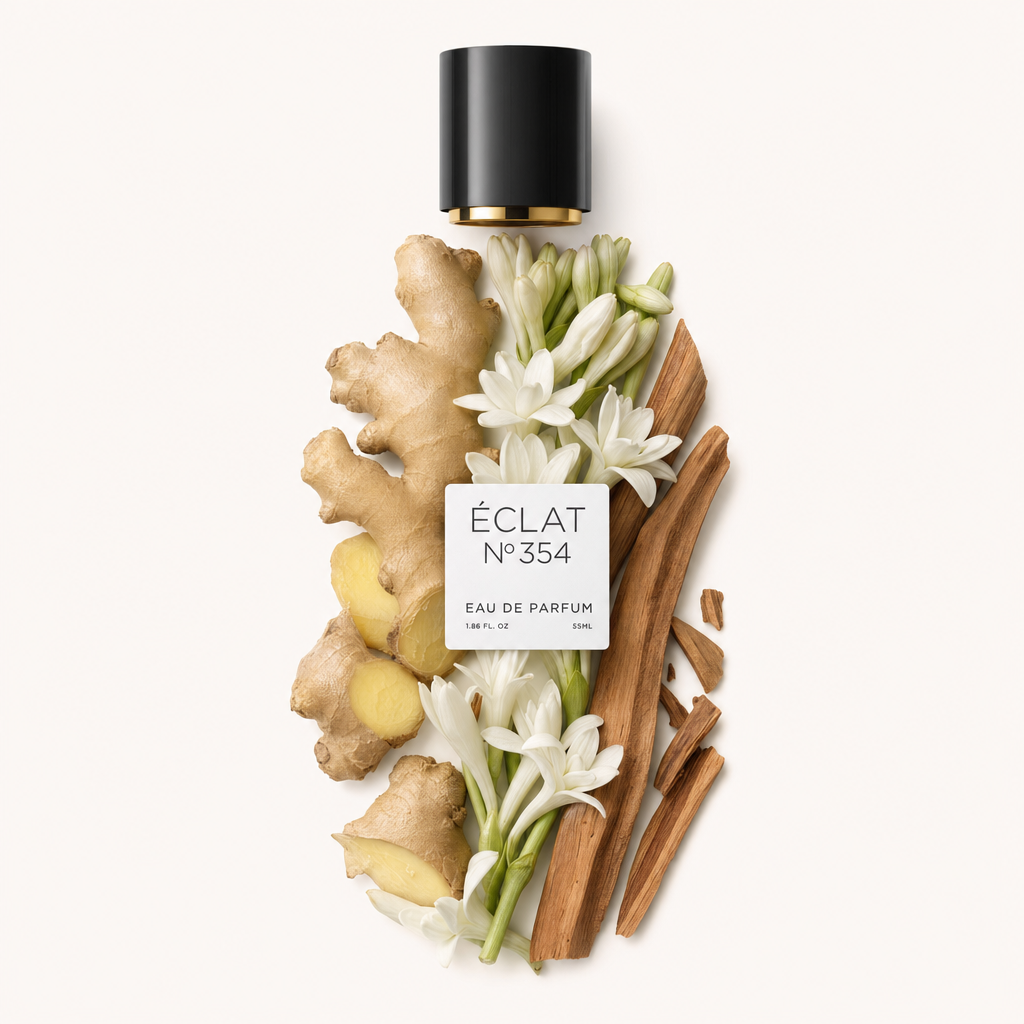Ein Arrangement aus Ingwerwurzeln, weißen Blüten und Zimtstangen unter einer schwarzen Kappe mit dem Etikett ÉCLAT Floral Ginger.