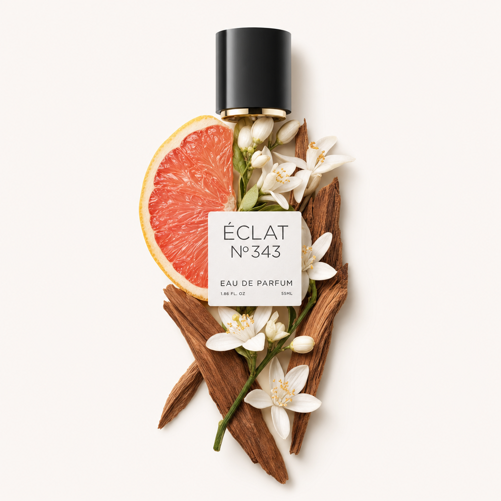 Ein elegantes Arrangement aus geschnittener Grapefruit, weißen Blüten und strukturiertem Holz umgibt eine schwarze Kappe mit ÉCLAT-Etikett.