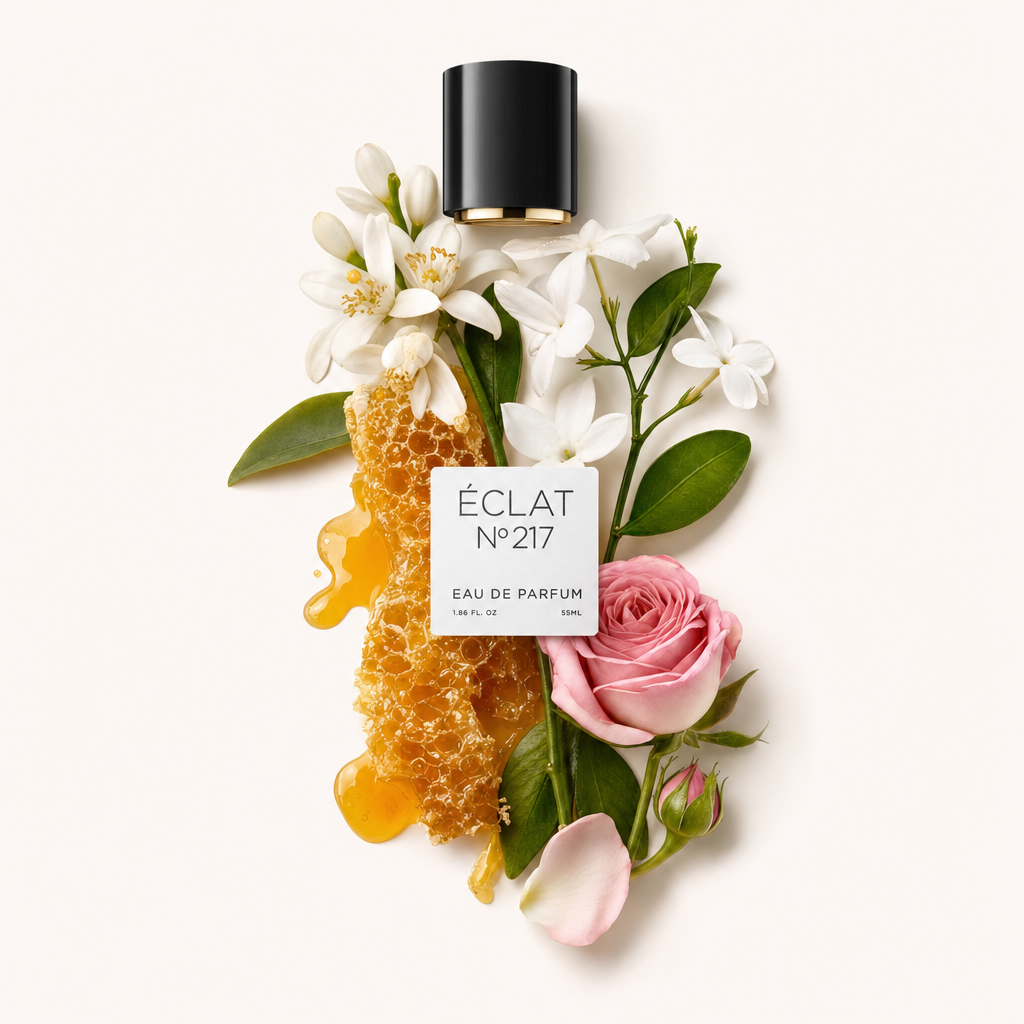 Ein Arrangement aus Jasminblüten, einer rosa Rose und einer Honigwabe mit einer schwarzen Kappe obenauf. Das Etikett zeigt ÉCLAT Floral Honey.