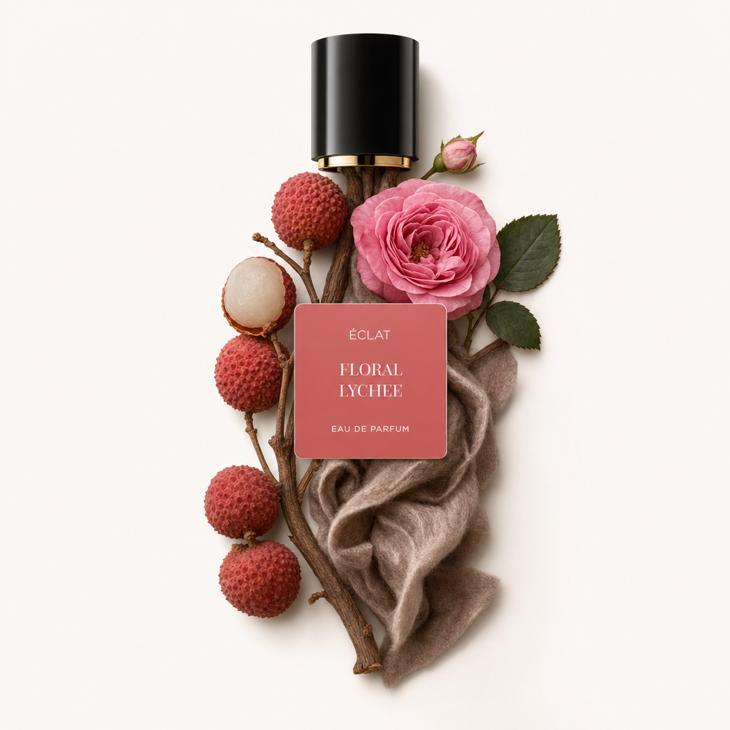 Ein Arrangement aus frischen Litschis und einer rosa Rose mit grünen Blättern, elegant um eine schwarze Kappe mit dem Label ÉCLAT Floral Lychee angeordnet.