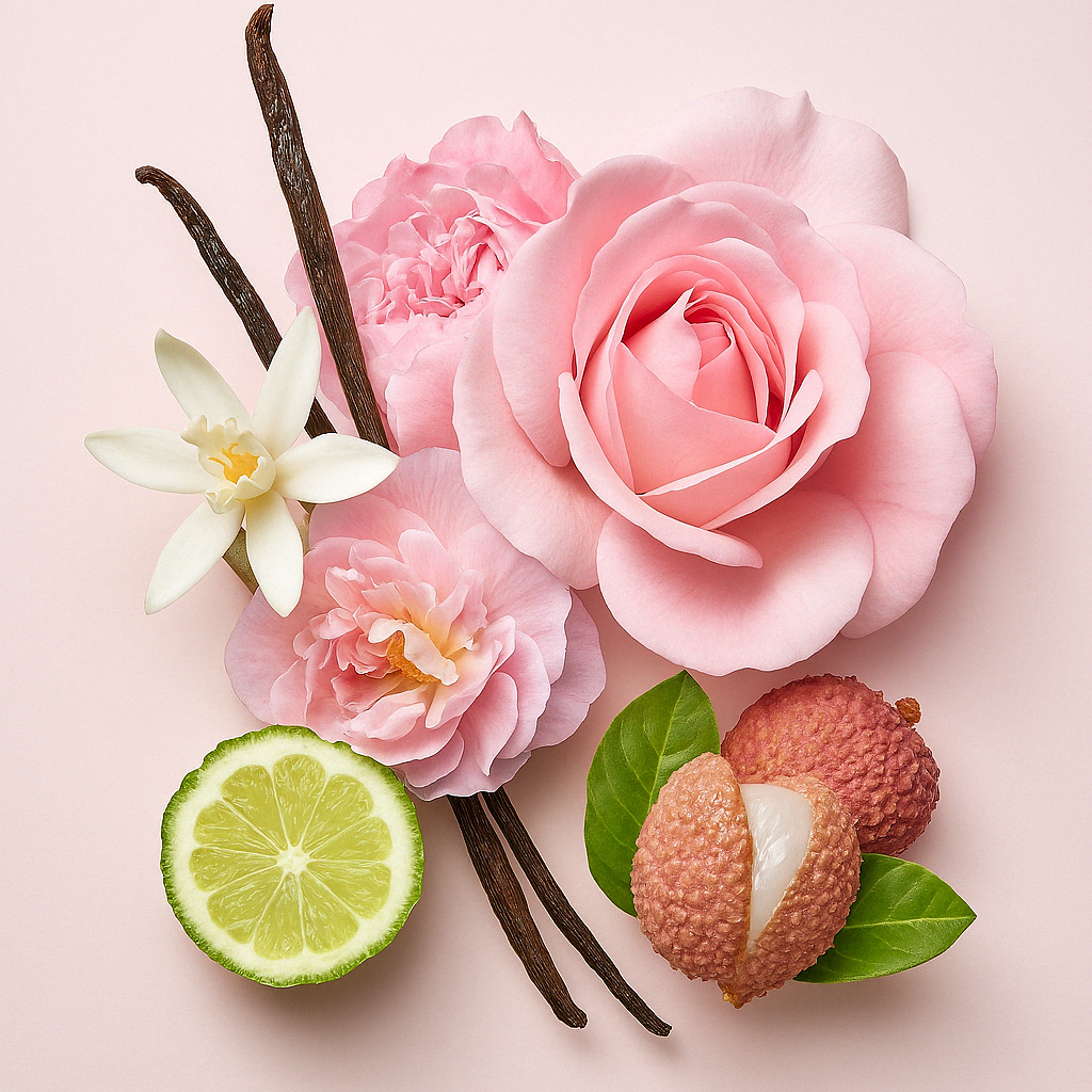 ÉCLAT Floral Lychee wird dargestellt mit einer Komposition aus rosa Rosen, weißen Blüten, Vanillestangen, Limettenscheiben und Litschifrüchten.