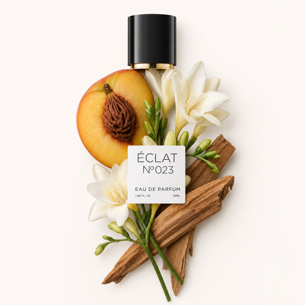 Ein Arrangement aus frischem Pfirsich, weißen Blüten und Holzakzenten neben einer schwarzen Verschlusskappe mit ÉCLAT Etikett.