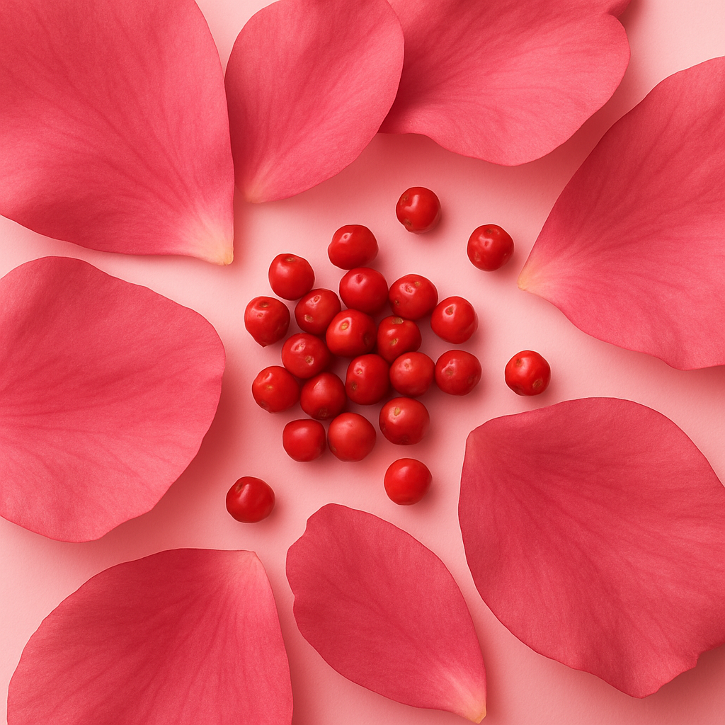 Rosa Rosenblätter und ein Haufen kleiner roter Beeren auf einem zarten rosa Hintergrund, symbolisierend ÉCLAT Floral Musk.