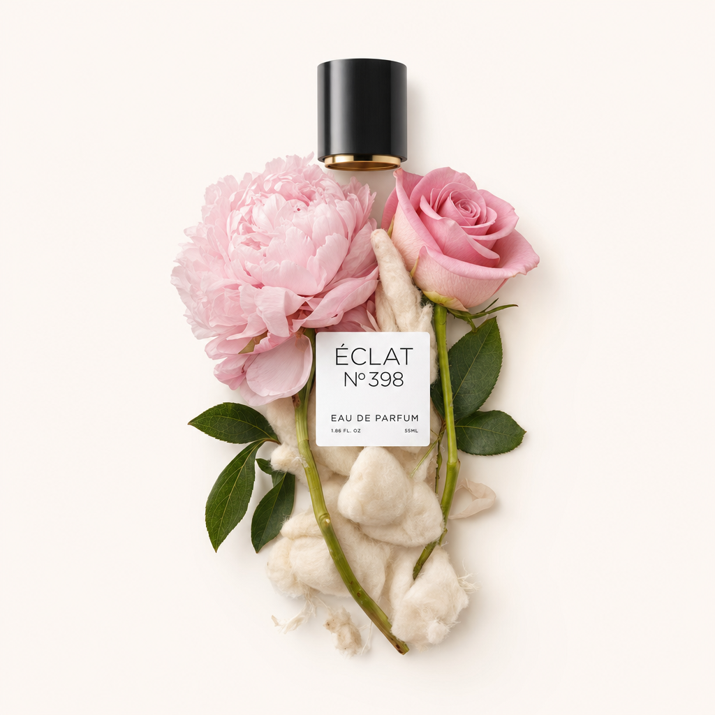 Ein von Hand arrangiertes Stillleben mit zarter rosa Pfingstrose und Rose, begleitet von weicher Baumwolle, umgeben von einer schwarzen Kappe mit ÉCLAT Floral Musk Etikett.