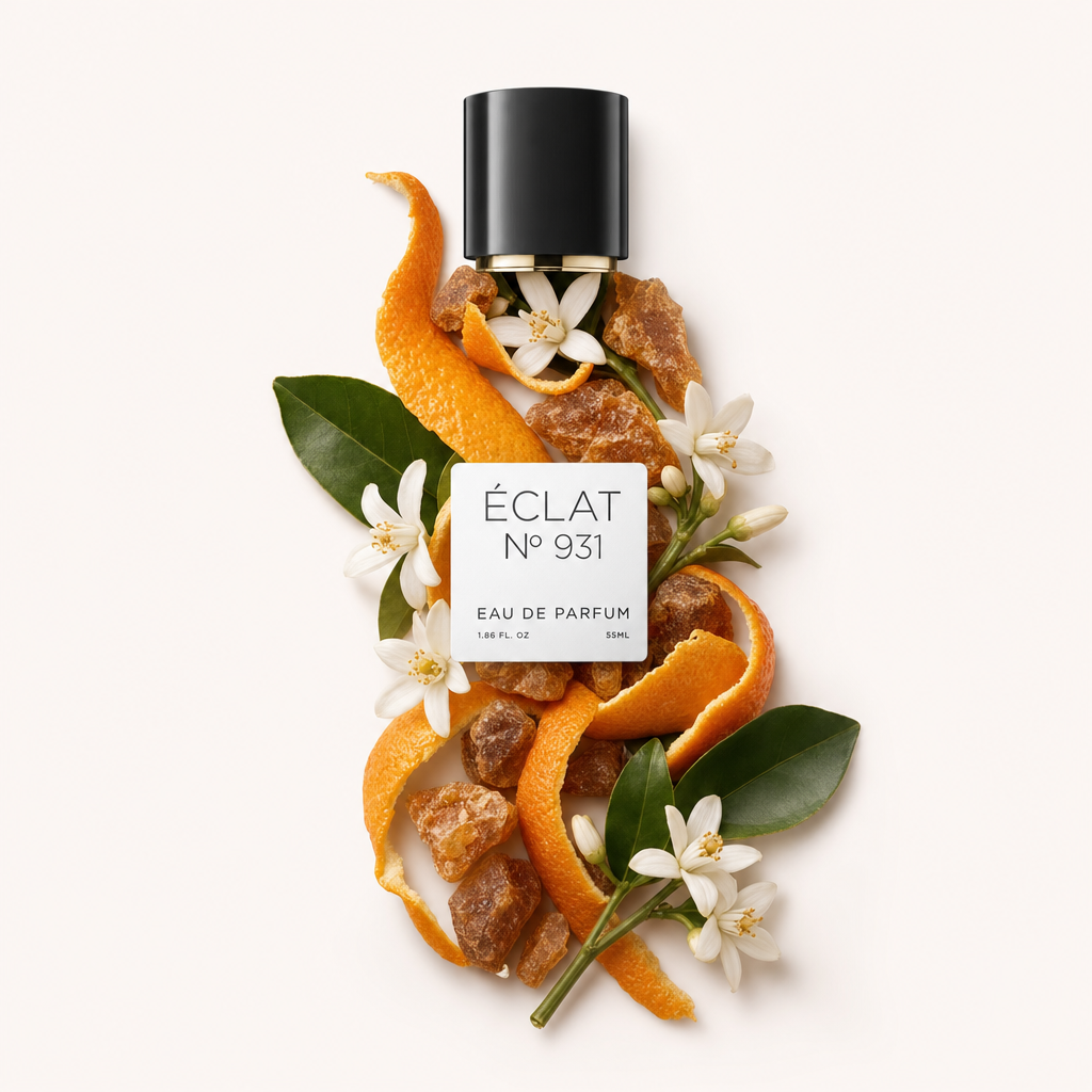Ein Arrangement aus Orangenschalen, weißen Blüten und Harzstücken umgibt eine schwarze Kappe mit Etikett, ÉCLAT Floral Neroli.