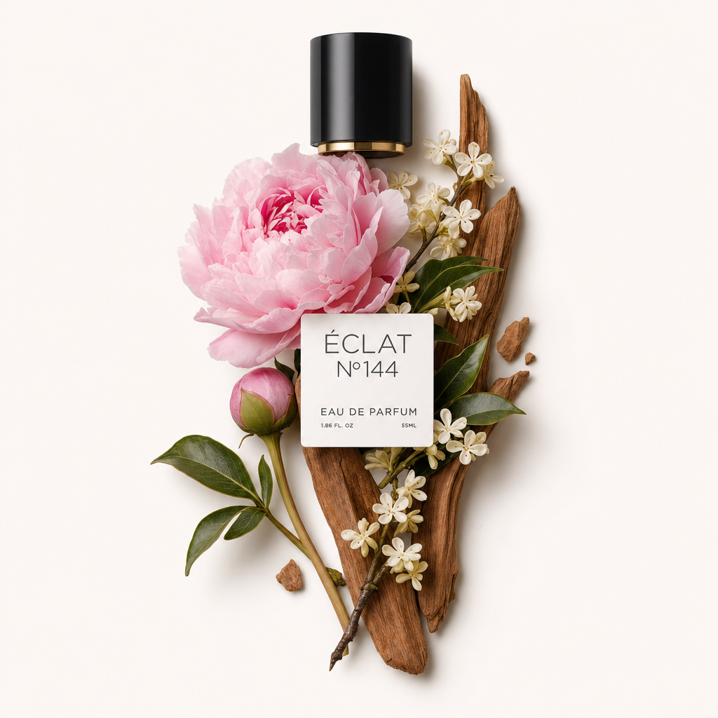 Ein Arrangement aus einer rosa Pfingstrose, Osmanthusblüten und Holzakzenten, begleitet von ÉCLATs schwarzer Verschlusskappe mit Etikett.