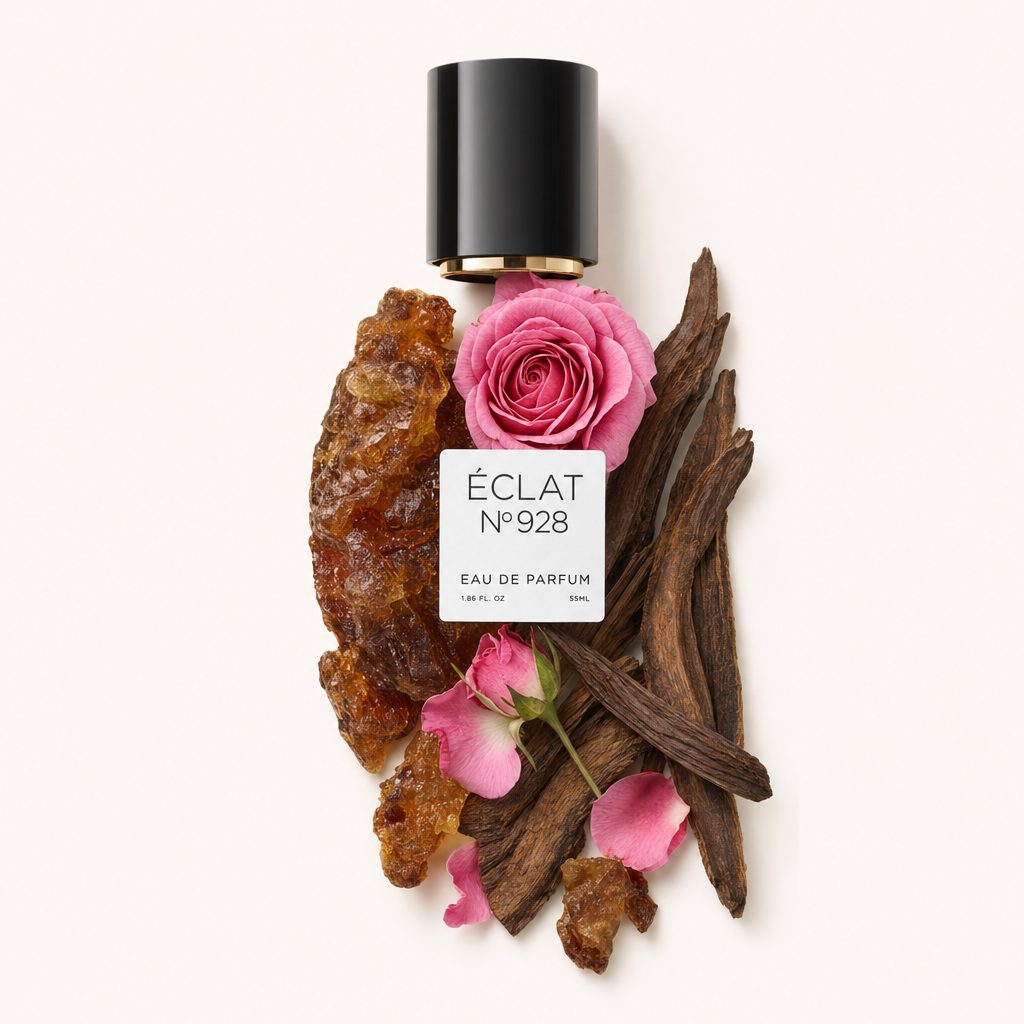 Ein Arrangement der Zutaten von ÉCLAT Floral Oud mit schwarzer Verschlusskappe und Etikett, bestehend aus rosa Rose, Oud-Holz und Amberharz.