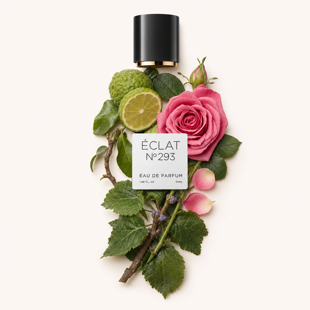 Eine schwarze Verschlusskappe mit Etikett liegt über einem Arrangement aus rosa Rose, Limettenscheiben und grünen Blättern, stellvertretend für ÉCLAT Floral Patchouli.