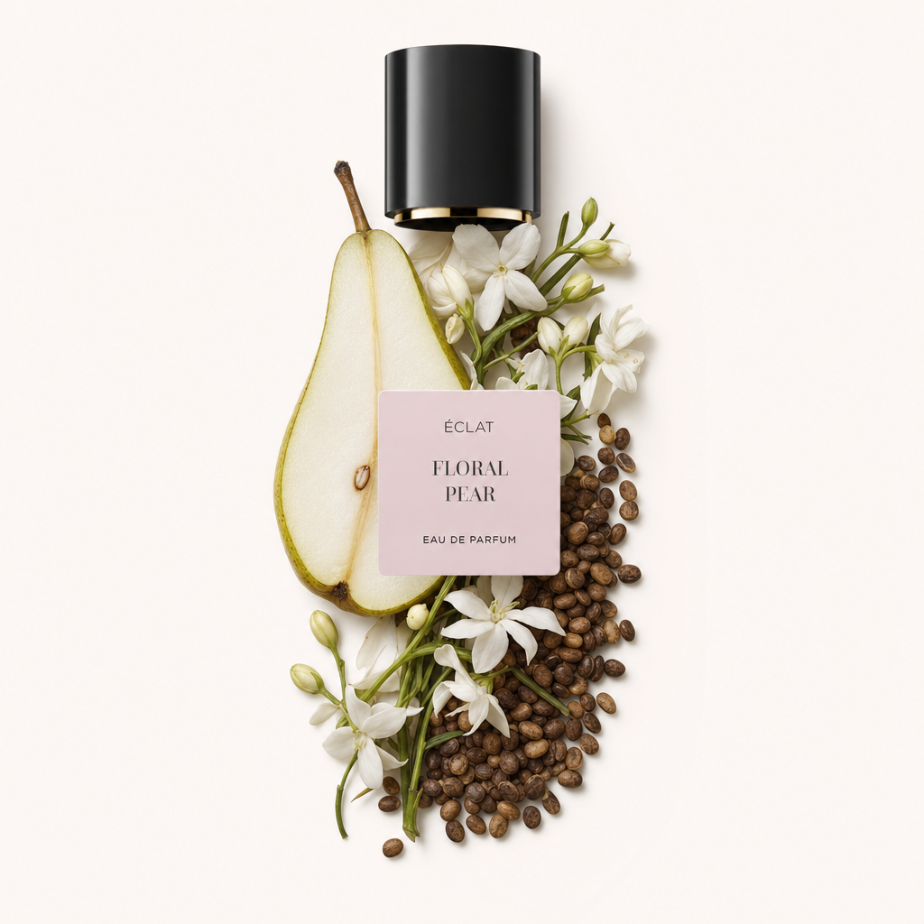 Ein Arrangement aus halber Birne, Kaffeebohnen und weißen Blüten umgibt eine schwarze Kappe mit Etikett von ÉCLAT Floral Pear.