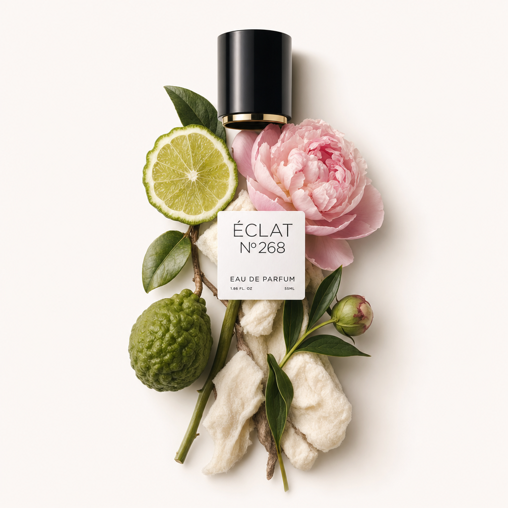 Ein Arrangement aus Bergamotte, Limette, Pfingstrose und Pflanzenelementen umgibt die schwarze Kappe mit ÉCLAT Floral Peony Etikett.