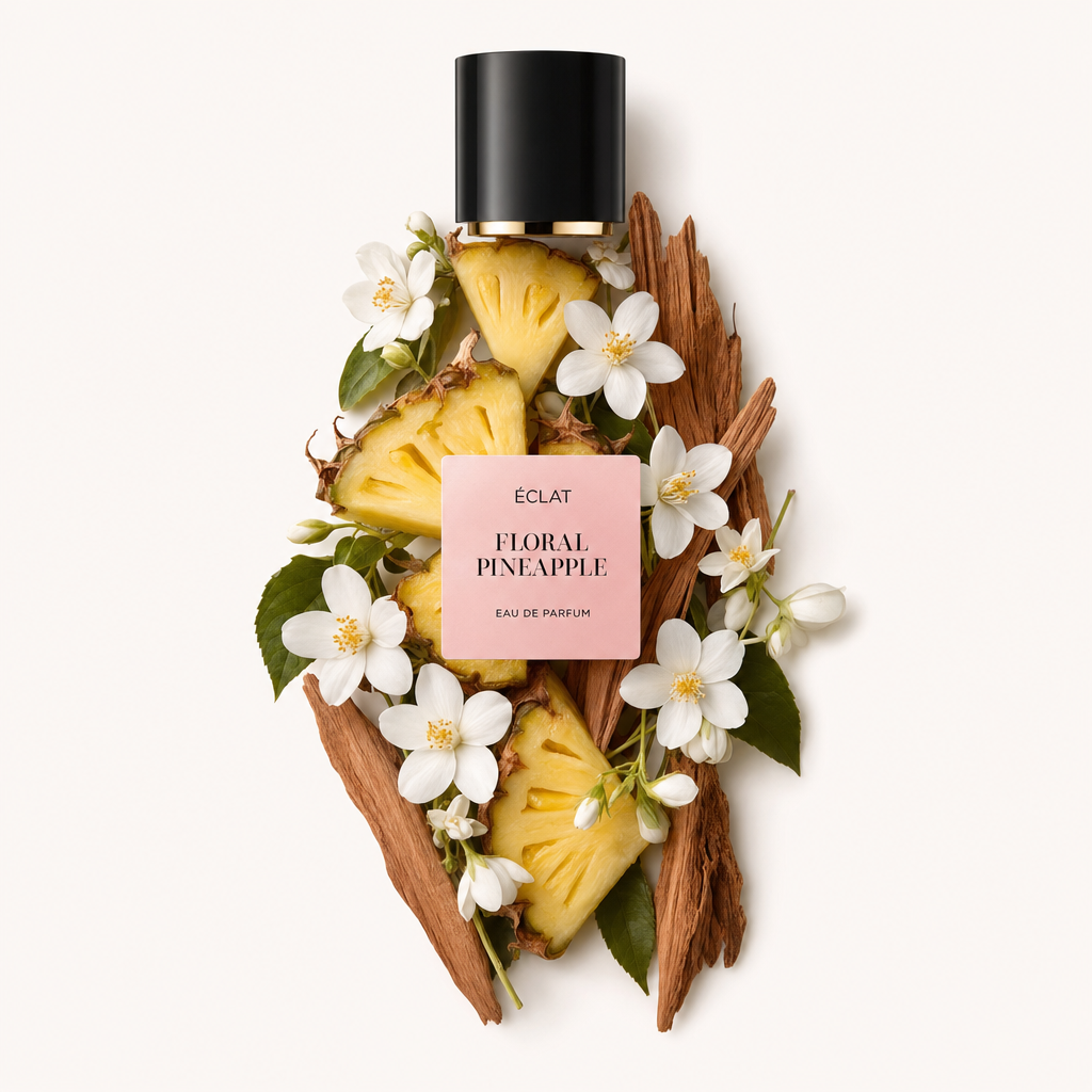 Ein Arrangement aus frischen Ananasscheiben, zarten weißen Blüten und strukturiertem Holz umgibt die schwarze Kappe mit ÉCLAT Floral Pineapple Etikett.