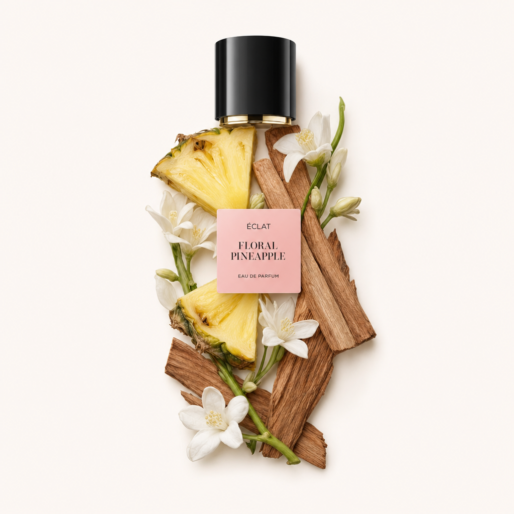 Ein Arrangement aus Ananasscheiben, weißen Blüten und Holzstäbchen umgibt eine schwarze Verschlusskappe mit ÉCLAT Floral Pineapple Etikett.