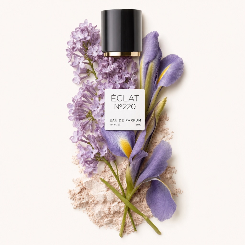 Ein Arrangement aus zarten Flieder- und Schwertlilienblüten mit einem Hauch von weichem Puder umgibt die originale ÉCLAT-Kappe mit elegantem Etikett.