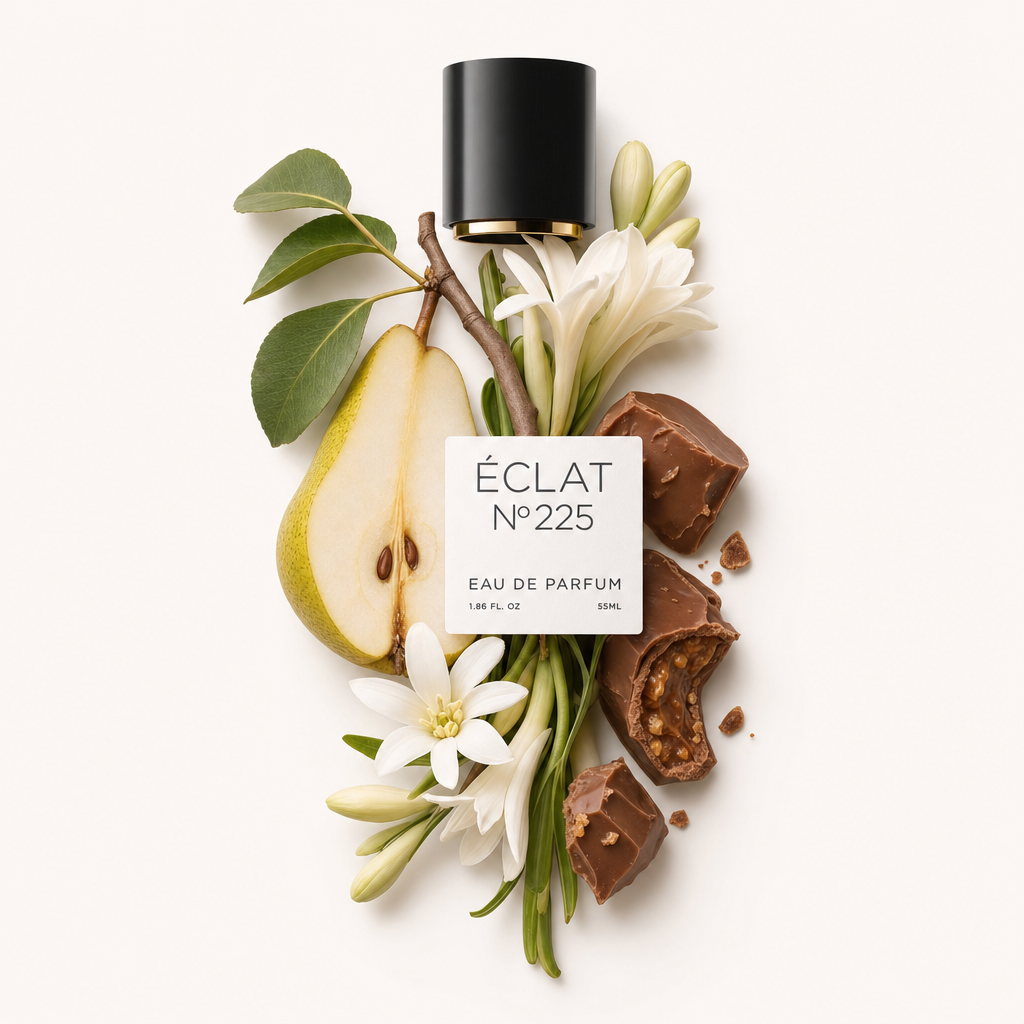 Ein Arrangement aus geschnittener Birne, weißen Blüten und Schokoladenpraline umgibt eine schwarze Kappe mit ÉCLAT Floral Praline Etikett.