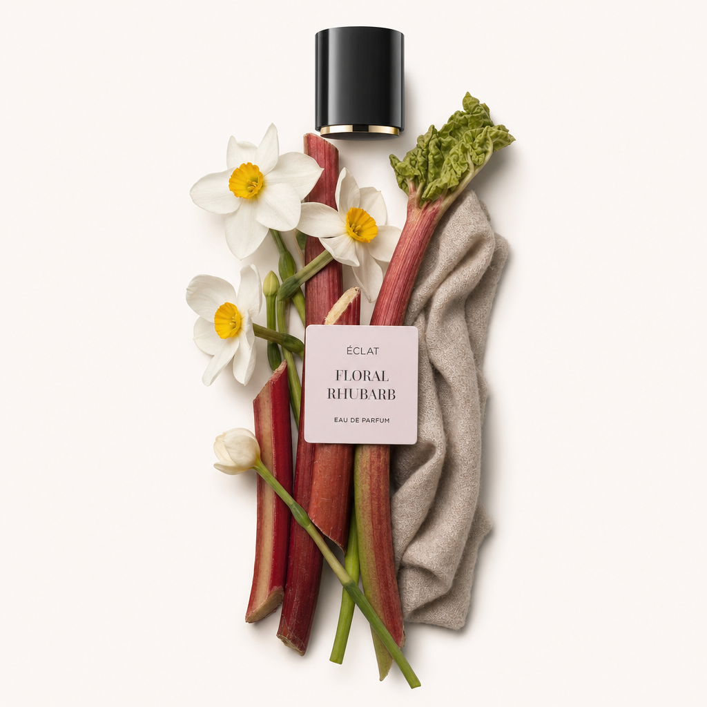 Ein Arrangement aus Rhabarberstangen, weißen Narzissen und einem beigen Stoff, mit einer schwarzen Kappe mit ÉCLAT Floral Rhubarb Etikett obenauf.