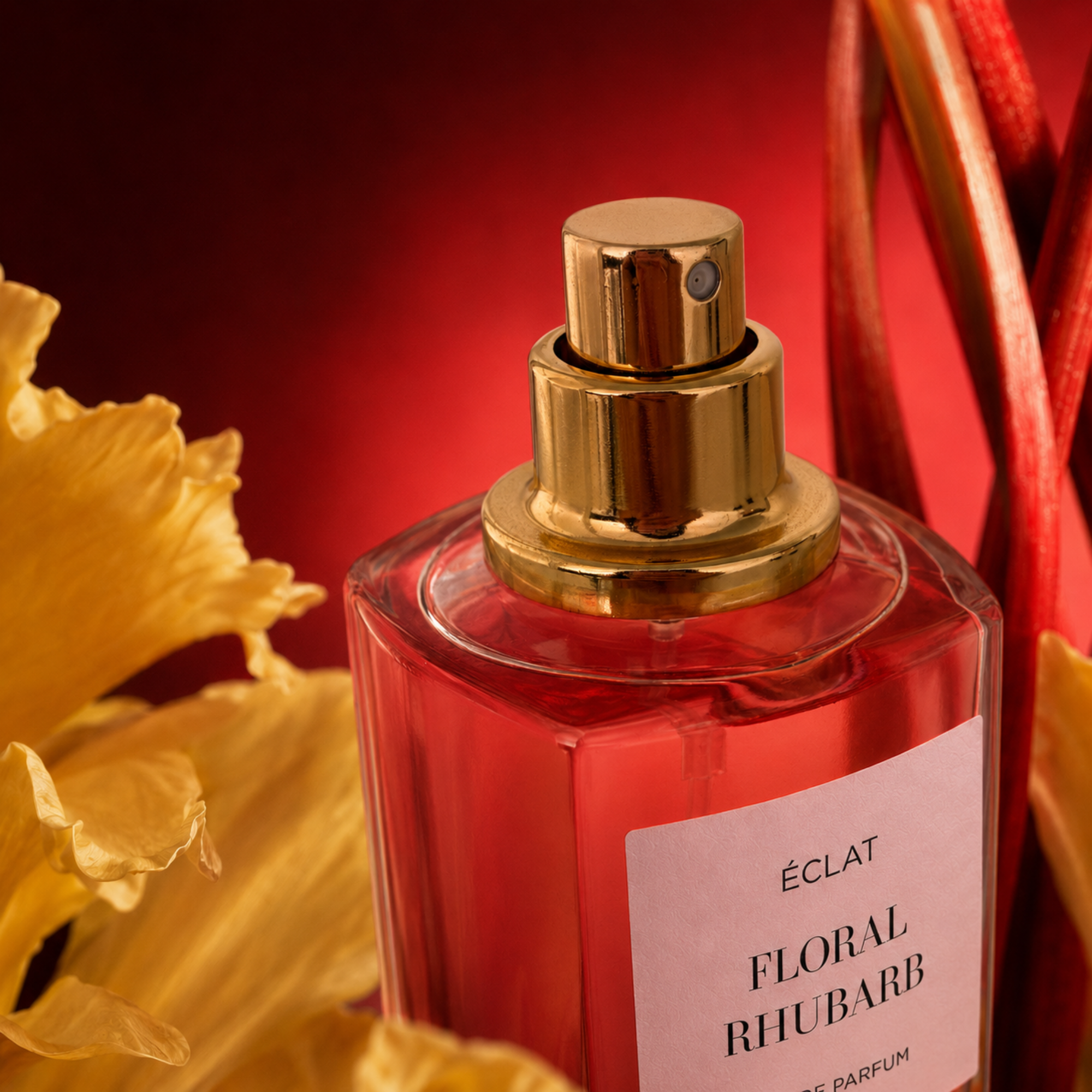Parfumflakon ÉCLAT Floral Rhubarb mit goldener Kappe, umgeben von gelben Blumen und Rhabarber, vor rotem Hintergrund.