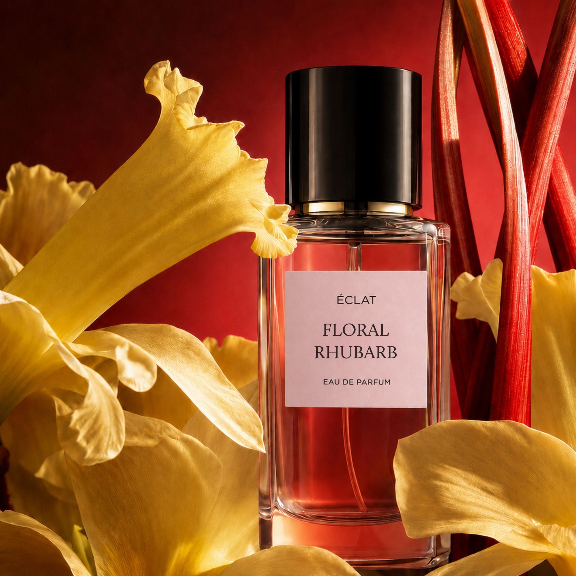 Der Flakon des Duftes ÉCLAT Floral Rhubarb wird präsentiert, mit elegantem Glasdesign und schwarzem Verschluss, umgeben von leuchtend gelben Blumen und Rhabarberstielen vor rotem Hintergrund.