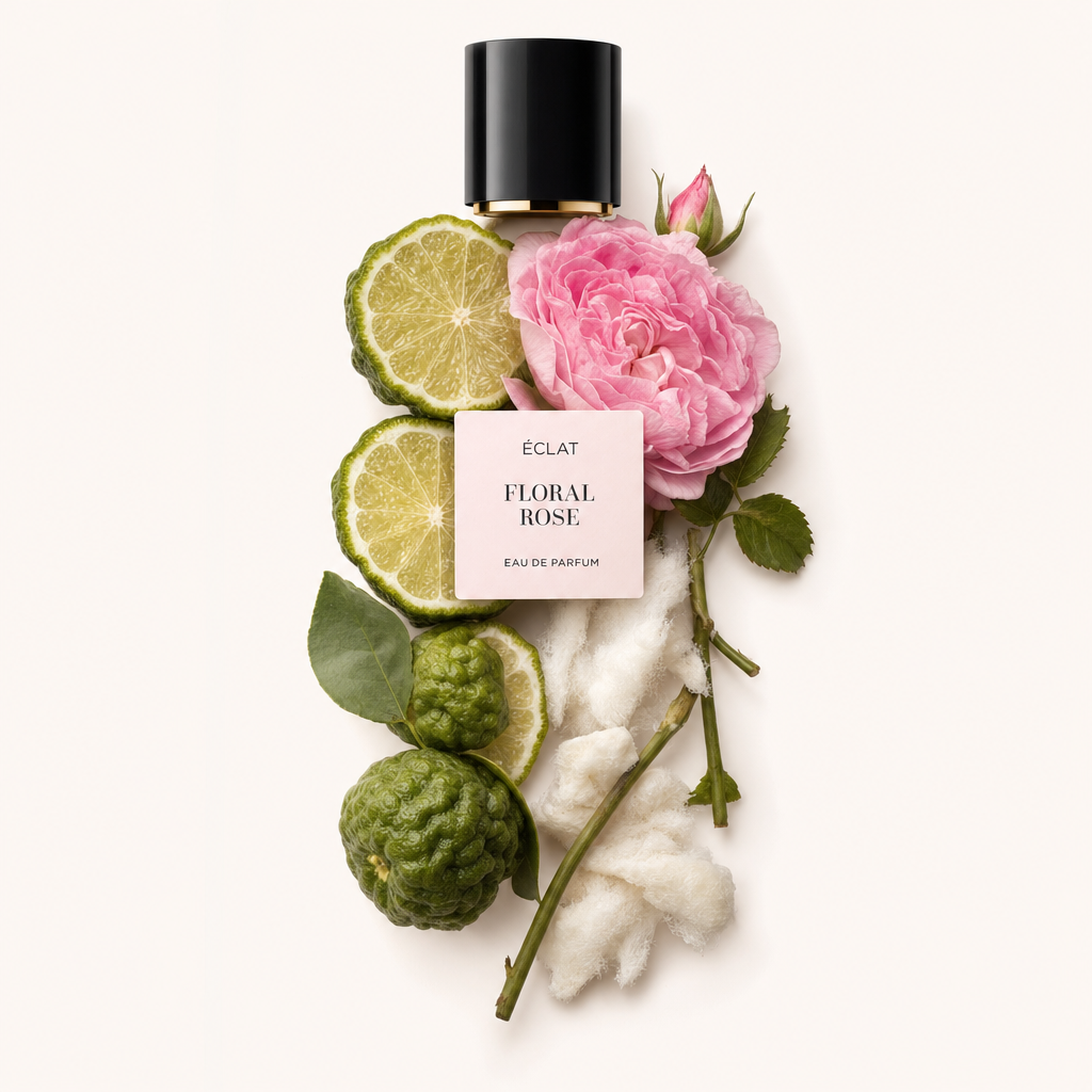 Ein Arrangement aus frischen Bergamottenscheiben, einer rosa Rosenblüte und Baumwollfasern neben einer schwarzen Kappe mit ÉCLAT Floral Rose-Etikett.