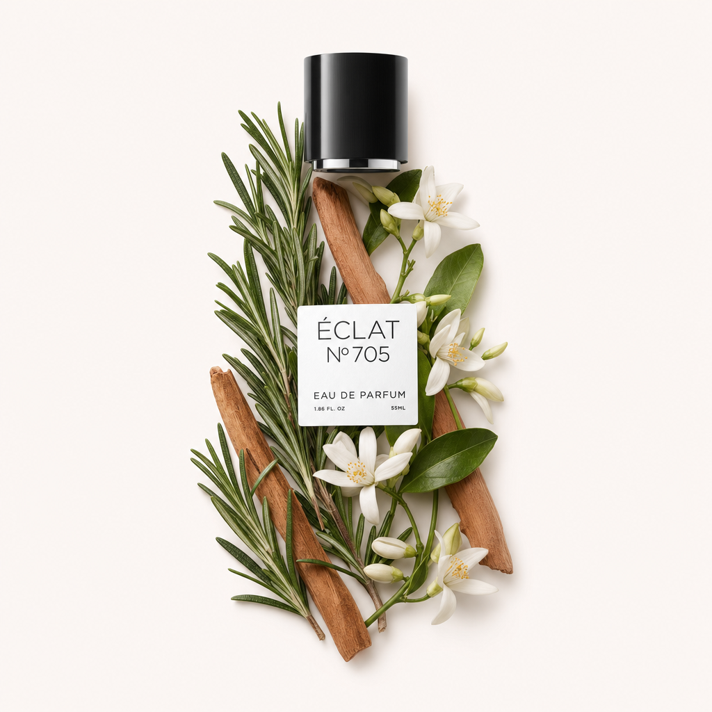 Ein Arrangement aus Rosmarinzweigen, weißen Blüten und Sandelholzstäben umgibt eine schwarze Kappe mit ÉCLAT Floral Sandalwood Etikett.