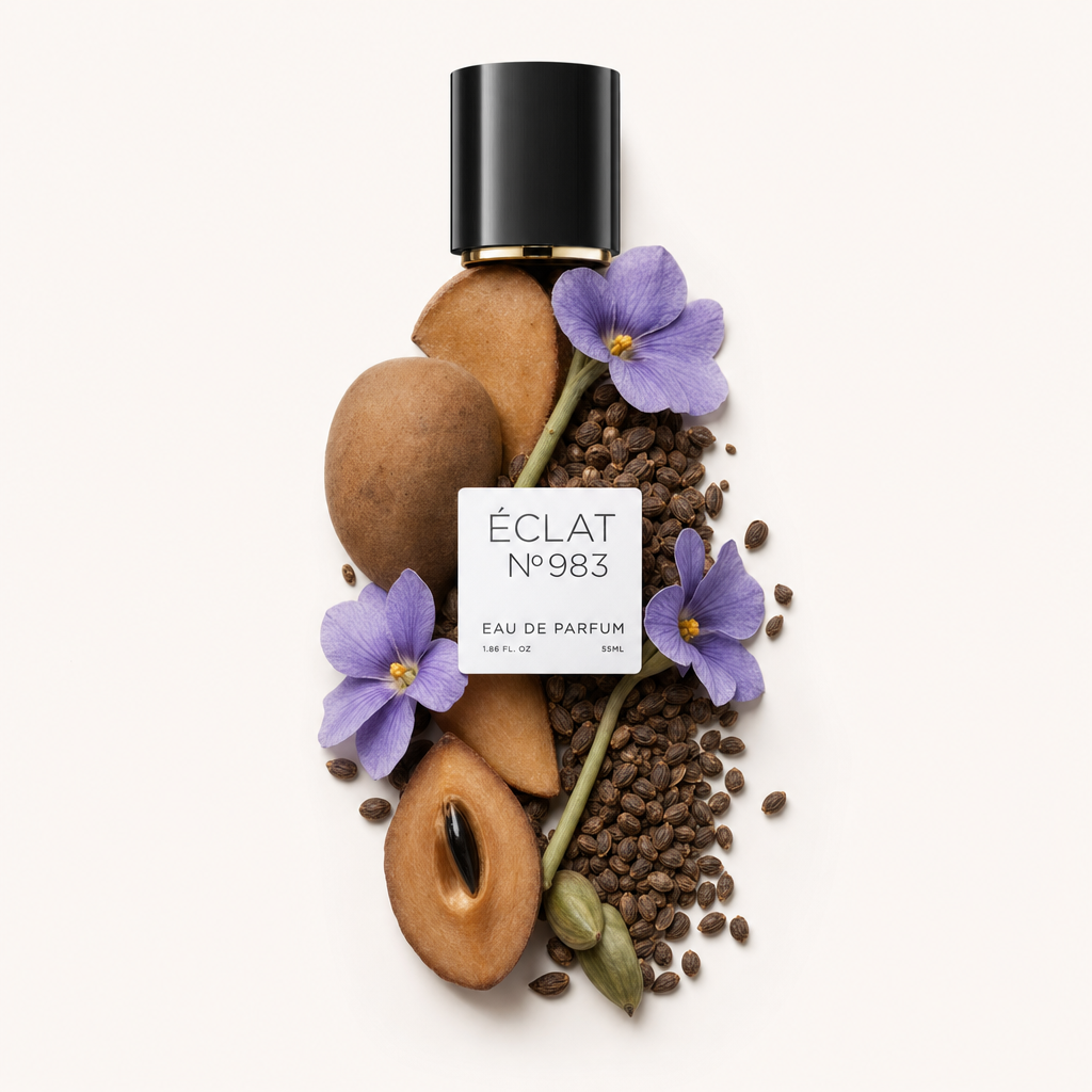 Ein sorgfältig arrangiertes Stillleben aus Sapodilla-Zutaten, violetten Blüten und Samen umgibt eine schwarze Kappe mit ÉCLAT Floral Sapodilla Etikett.
