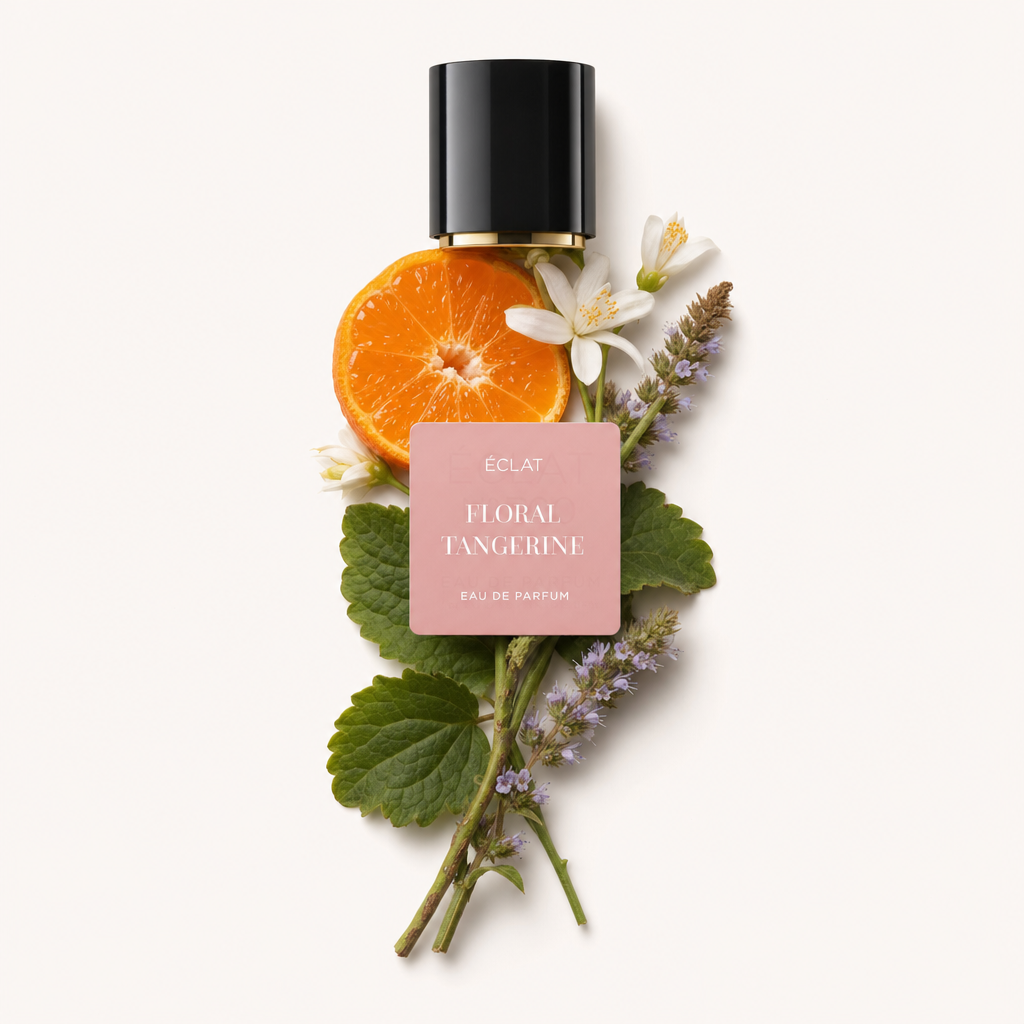 Ein Arrangement aus frischen Mandarinenstücken, zarten weißen Blüten und aromatischen Kräutern umgibt eine schwarze Kappe mit rosa Etikett ÉCLAT Floral Tangerine.