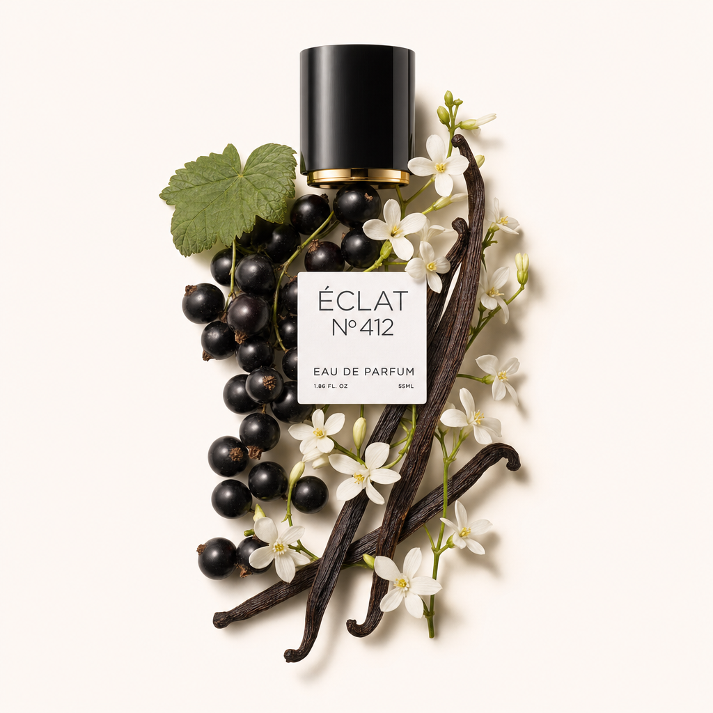 Ein Arrangement aus schwarzen Johannisbeeren, weißen Blüten und Vanilleschoten umgibt eine schwarze Kappe mit Golddetail und einem Etikett für ÉCLAT Floral Vanilla.