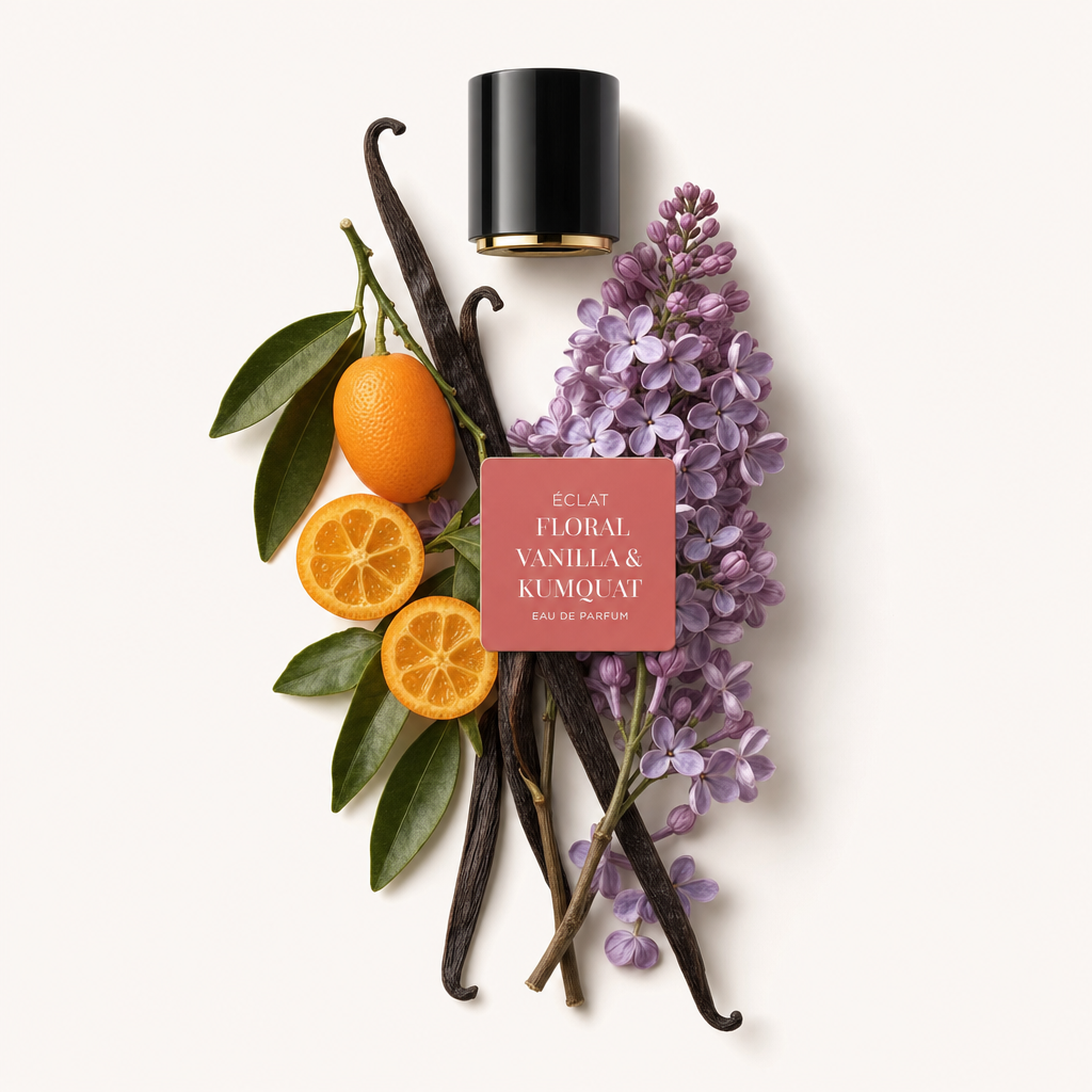 Ein Arrangement aus Fliederblüten, frischen Kumquats und Vanilleschoten umgibt eine schwarze Kappe mit Etikett und repräsentiert ÉCLAT Floral Vanilla & Kumquat.
