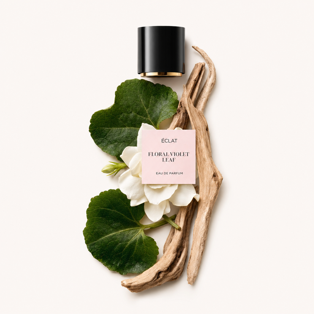 Ein Arrangement aus grünen Veilchenblättern, zarten weißen Blüten und hellbraunem Treibholz umgibt eine schwarze Kappe mit einem Etikett ÉCLAT Floral Violet Leaf.