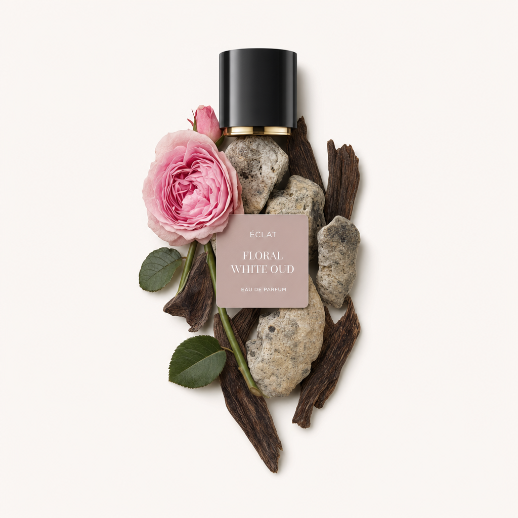 Ein Arrangement für ÉCLAT Floral White Oud, mit einer rosa Rose, strukturierten Steinen und dunklen Holzelementen unter einer schwarzen Kappe mit goldenem Band.