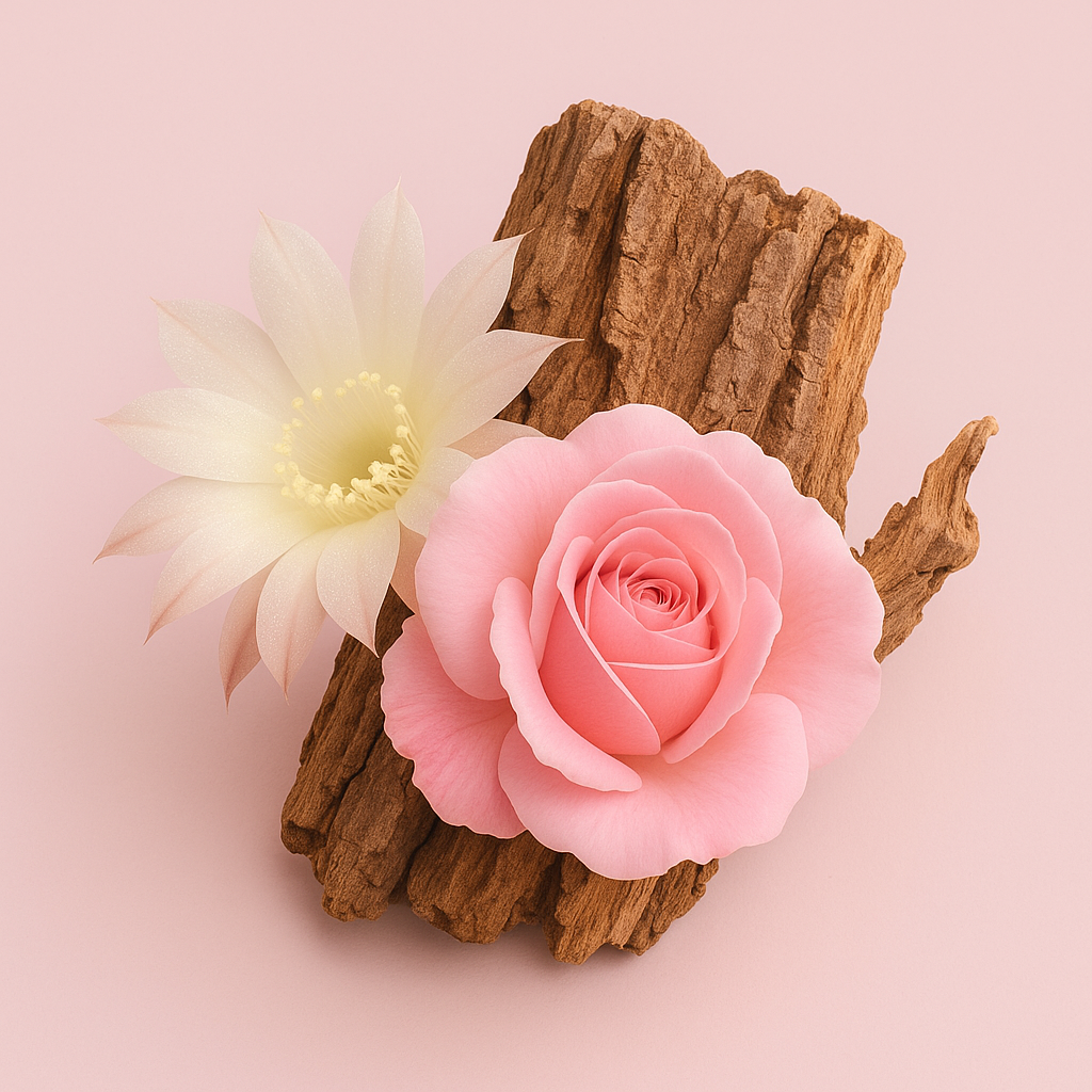 Ein zartes Arrangement aus einer rosa Rose und einer weißen Kaktusblüte auf einem Stück brauner Rinde vor einem sanften rosa Hintergrund.