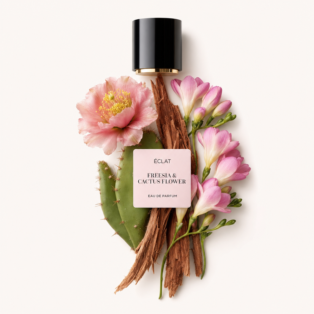 Ein Arrangement aus rosa Kaktusblüten, frischen Freesien und üppigen Kaktusblättern ist kunstvoll um eine schwarze Kappe mit dem Etikett ÉCLAT Freesia & Cactus Flower komponiert.
