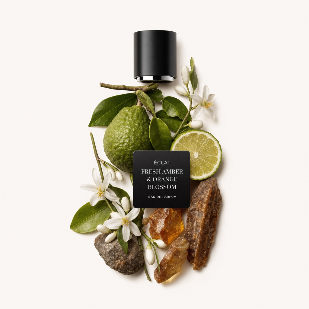 Ein Arrangement duftender Zutaten mit einer ganzen Bergamotte, Limettenscheibe, Orangenblüten, Bernsteinharz und einer schwarzen ÉCLAT-Kappe mit Etikett.