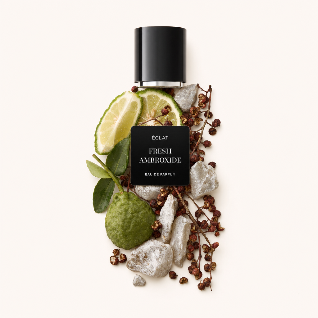 Ein Arrangement aus Bergamotte, Limettenscheiben und Pfefferkörnern umgibt elegant die schwarze Verschlusskappe mit Etikett von ÉCLAT Fresh Ambroxide.