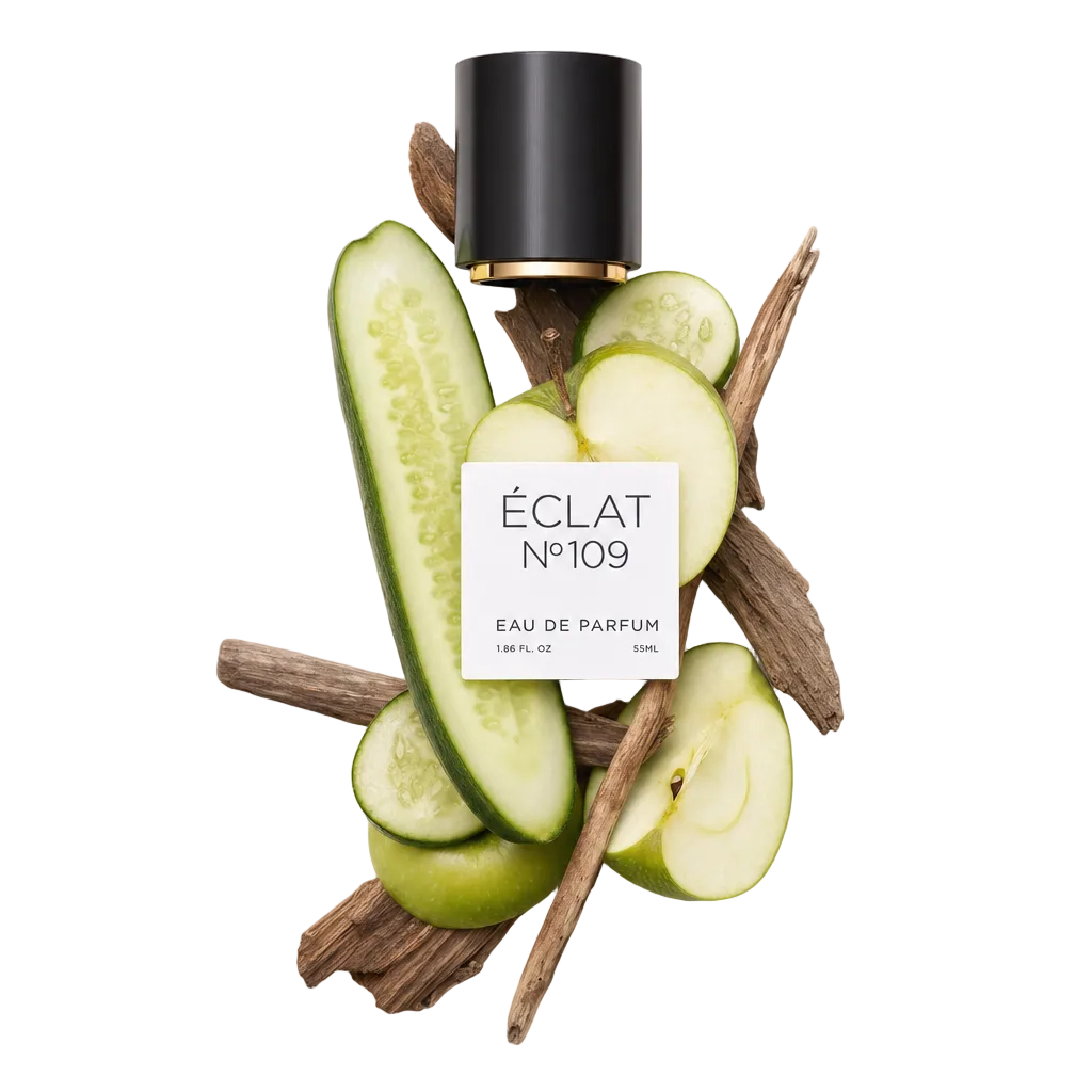 Ein Arrangement aus frischen Gurkenscheiben, grünen Apfelstücken und Holzstöcken, darüber eine schwarze Kappe mit einem Etikett von ÉCLAT Fresh Apple.