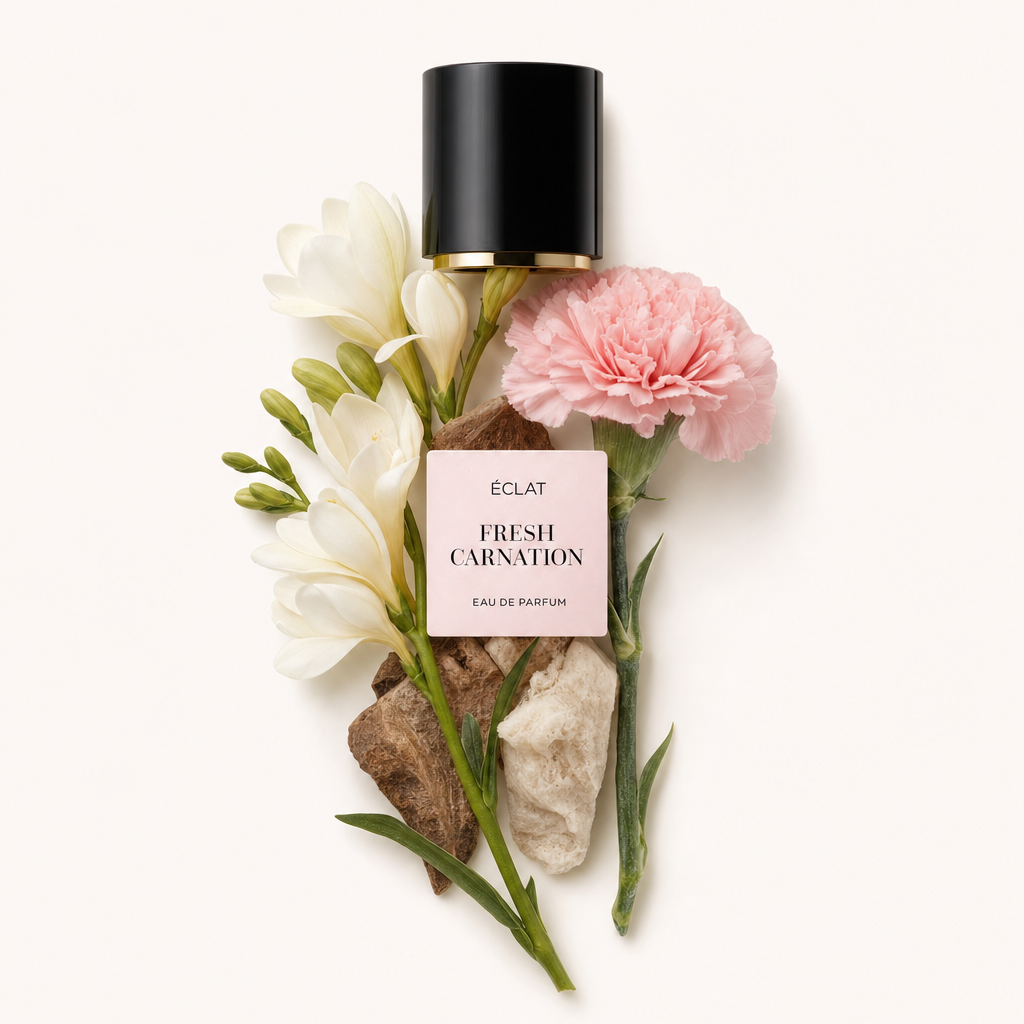 Ein zartes Arrangement aus weißen Freesien, einer rosa Nelke und Steinen umgibt eine schwarze Kappe mit goldenem Band und ÉCLAT Fresh Carnation Etikett.