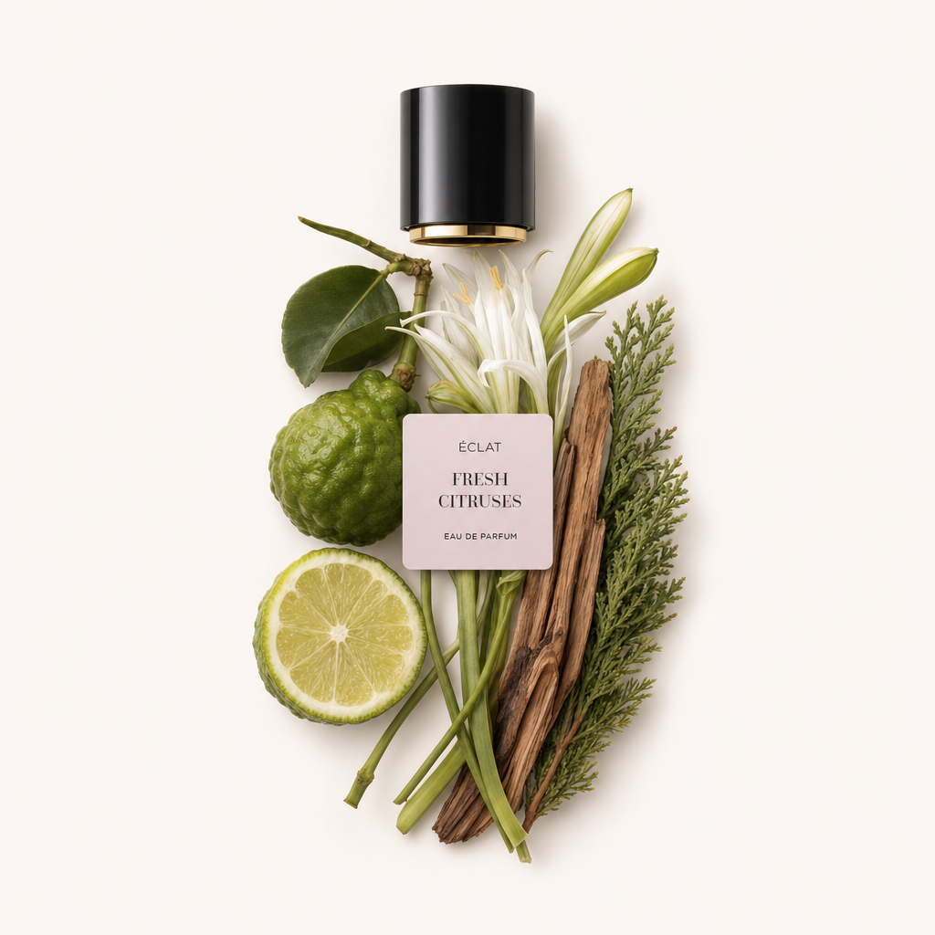 Ein von Hand arrangiertes Stillleben aus Zitrusfrüchten, Blättern, weißen Blüten und Holz, das eine schwarze Kappe mit ÉCLAT Fresh Citruses Etikett umgibt.