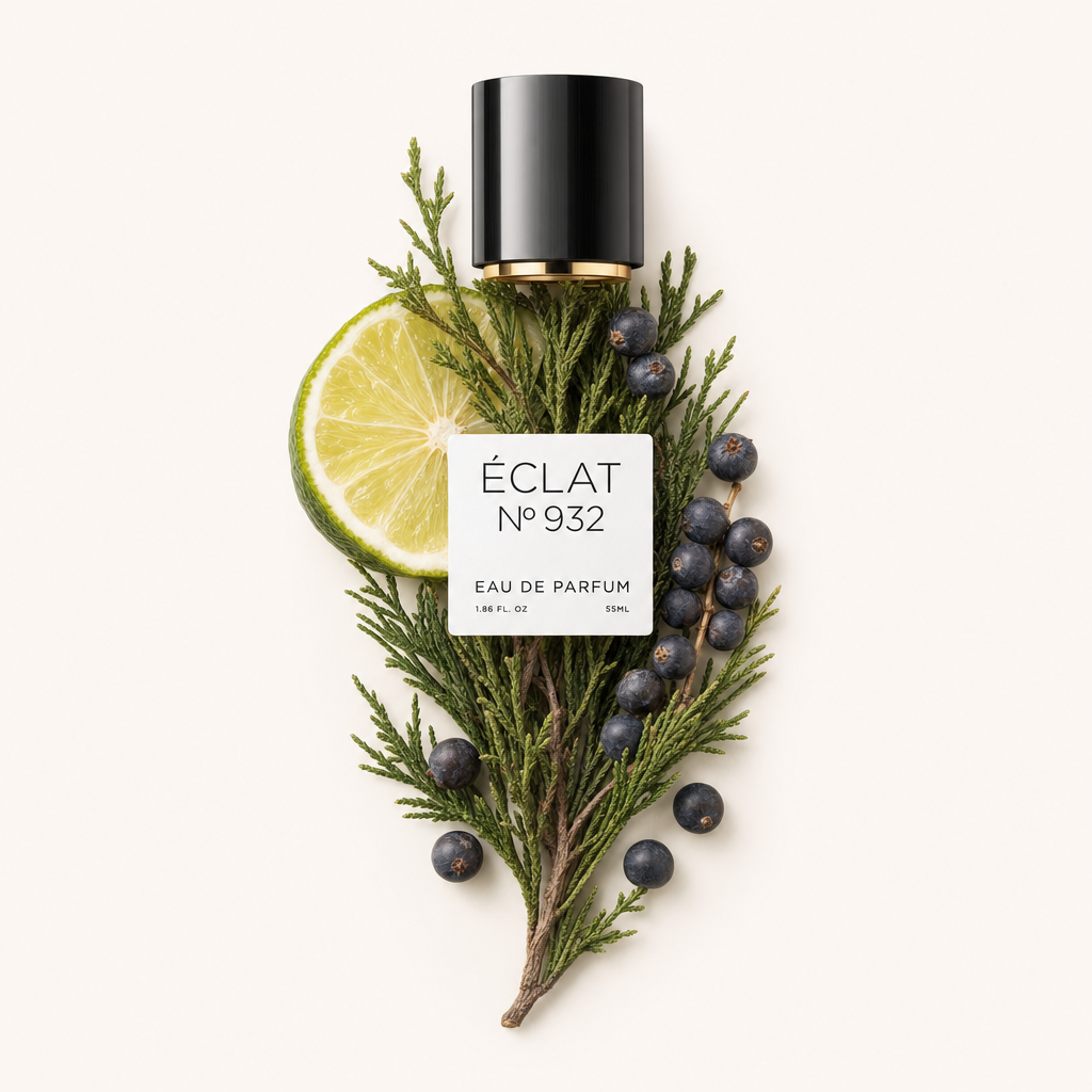 Eine schwarze Kappe mit goldfarbenem Rand auf einem Arrangement aus frischer Zypresse, Limettenscheibe und Wacholderbeeren, das den Duft ÉCLAT Fresh Cypress repräsentiert.