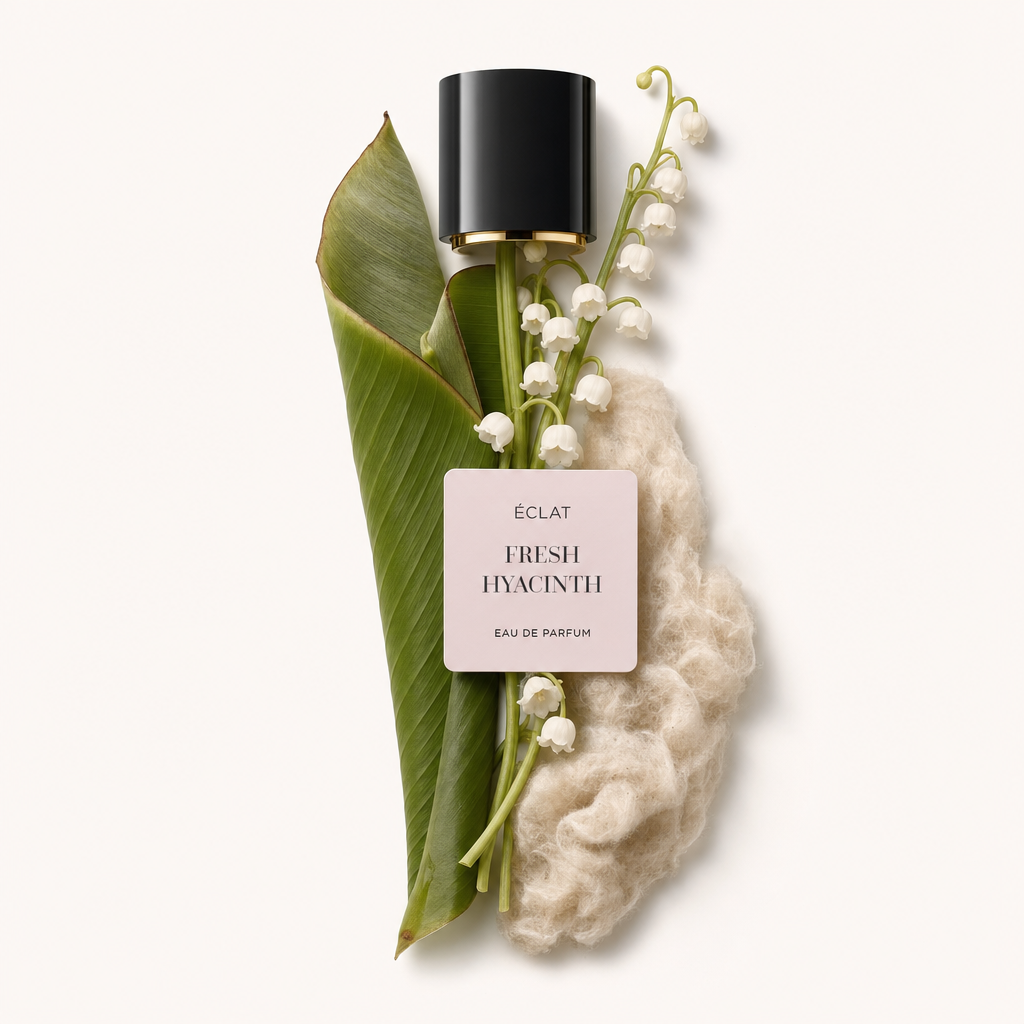 Eine Komposition aus frischen grünen Blättern und zarten weißen Blüten, arrangiert neben einem weichen, faserigen Material, gekrönt von einer schwarzen Kappe mit ÉCLAT Fresh Hyacinth Etikett.