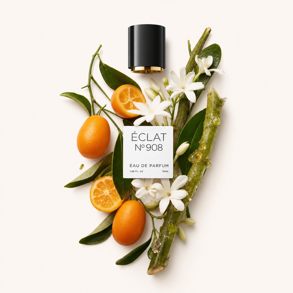 Eine schwarze Kappe mit ÉCLAT-Etikett, umgeben von leuchtenden Kumquats, zarten weißen Blüten und frischen grünen Blättern.