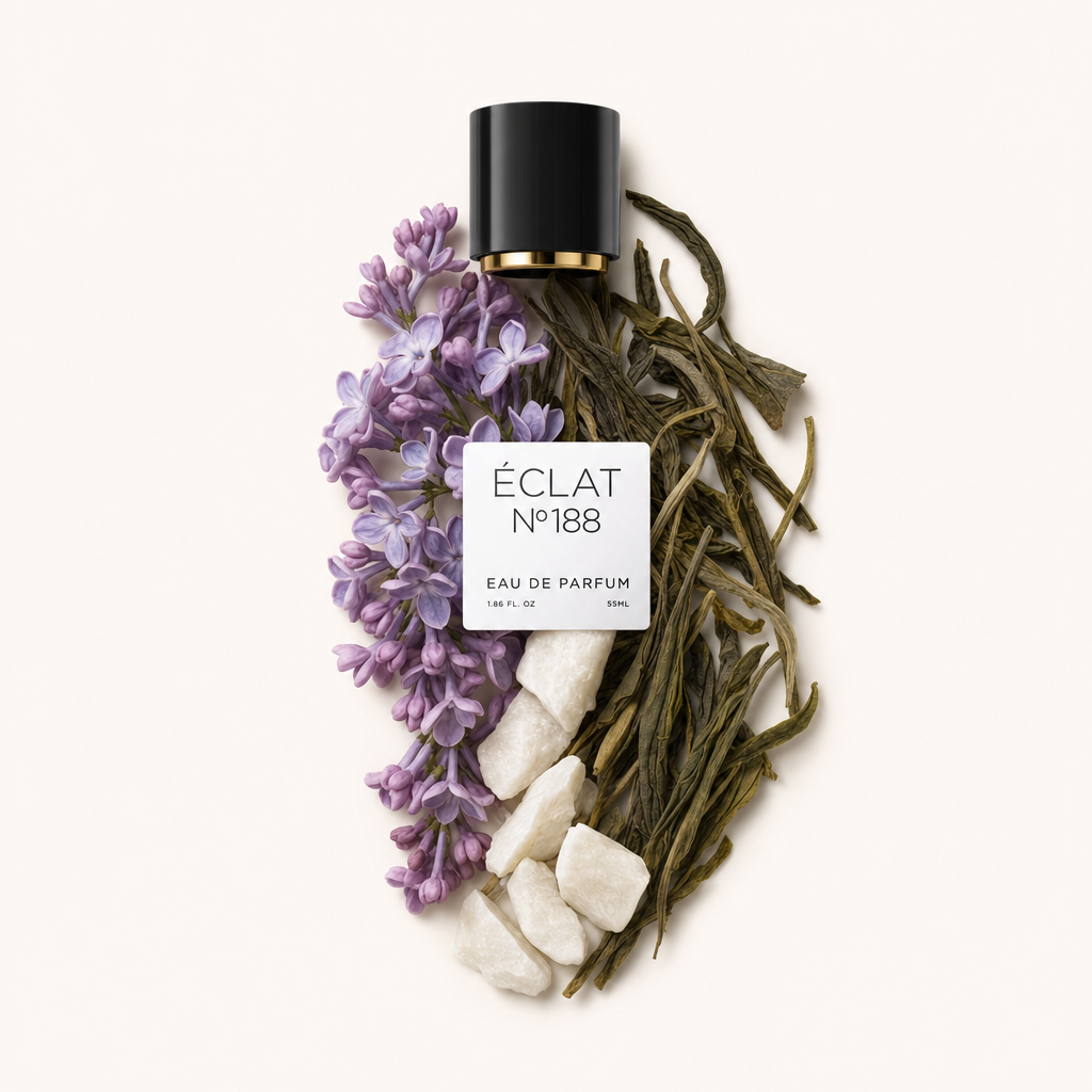 Ein Arrangement aus Fliederblüten, grünen Teeblättern und weißen Steinen liegt neben einer schwarzen Kappe mit goldenem Akzent und ÉCLAT Fresh Lilac Etikett.