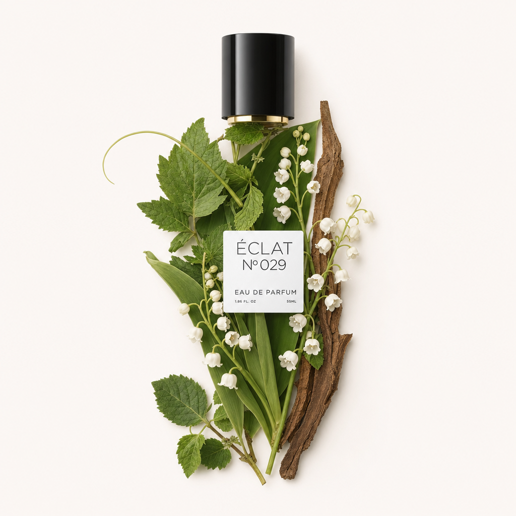 Ein Arrangement aus frischem Maiglöckchen, grünen Blättern und einem Stück Rinde umgibt elegant die schwarze Kappe mit Etikett von ÉCLAT Fresh Lily Of The Valley.
