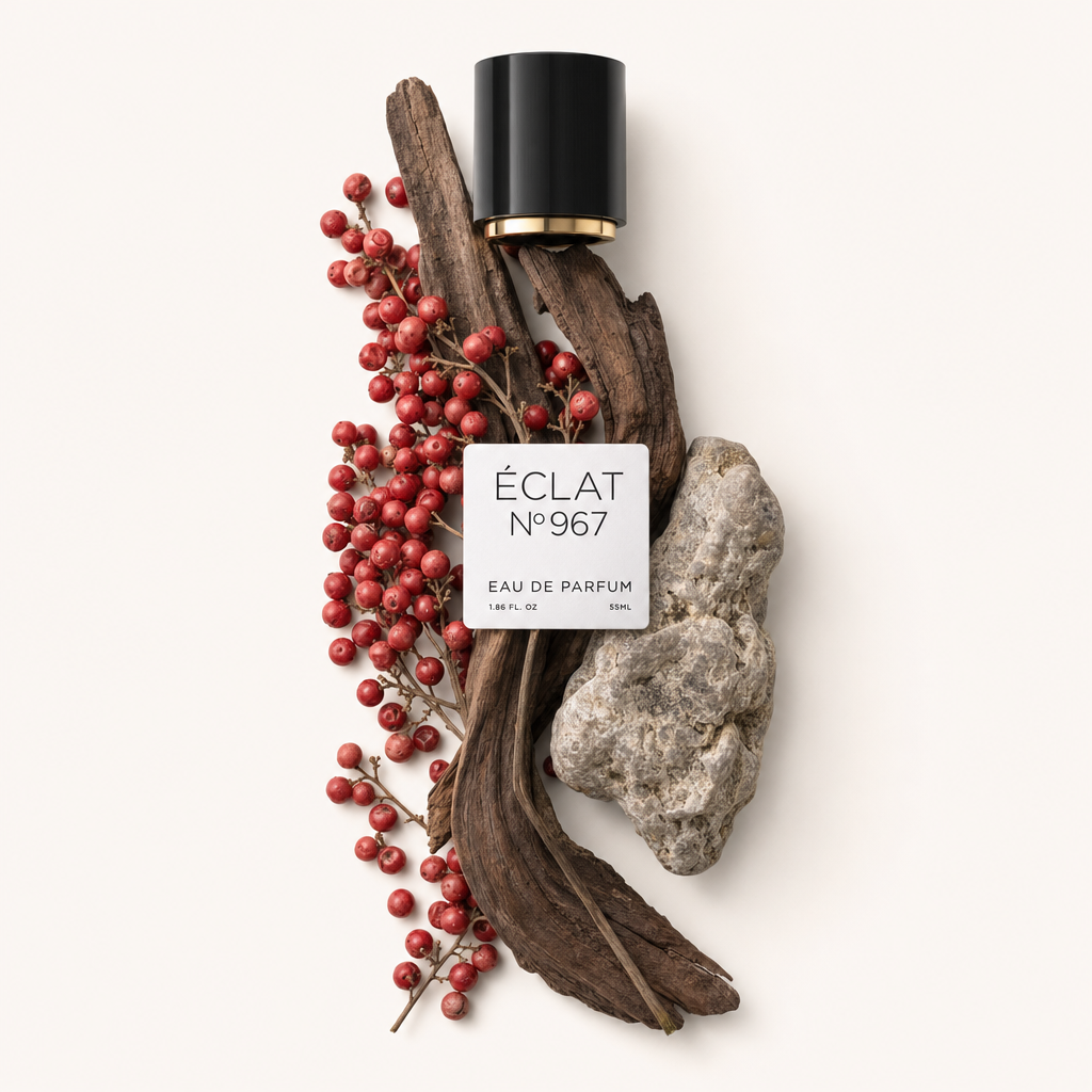Ein Arrangement aus roten Beeren, getrockneten Holzstücken und einem strukturierten grauen Stein, mit einer schwarzen Kappe und ÉCLAT-Etikett oben.