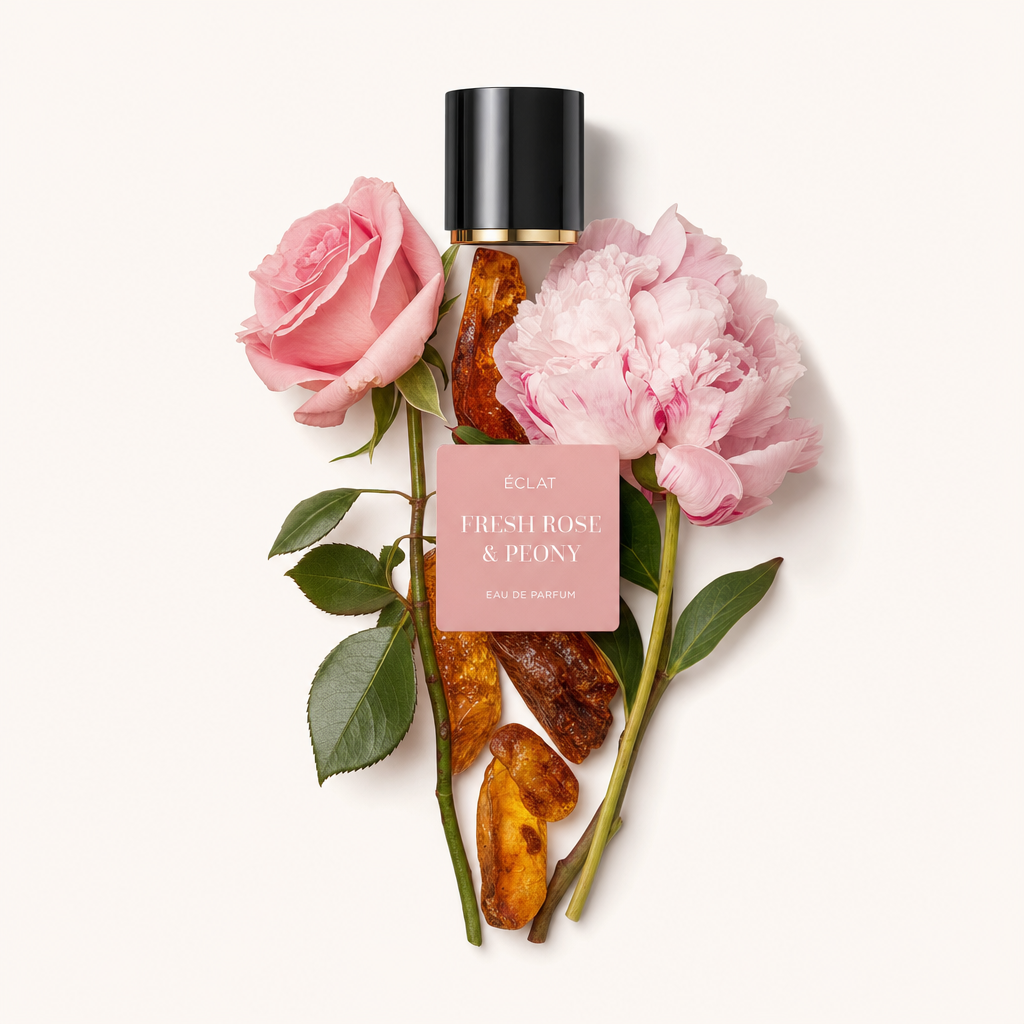 Ein Arrangement aus frischen Rosen- und Pfingstrosenblüten mit Bernstein und der originalen schwarzen Verschlusskappe mit dem Etikett ÉCLAT Fresh Rose & Peony.