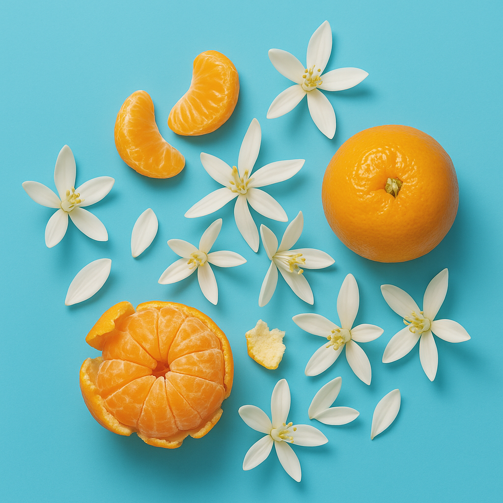 Ganze Mandarine, geschälte Segmente und weiße Blüten auf hellblauem Hintergrund.