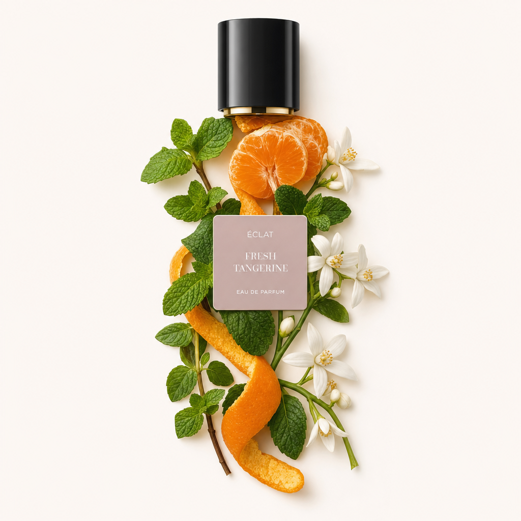 Ein Arrangement aus frischen Mandarinenstücken, Orangenschale, Minzblättern und weißen Blüten umgibt eine schwarze Kappe mit goldfarbenem Band. Das ÉCLAT Fresh Tangerine Etikett ist sichtbar.