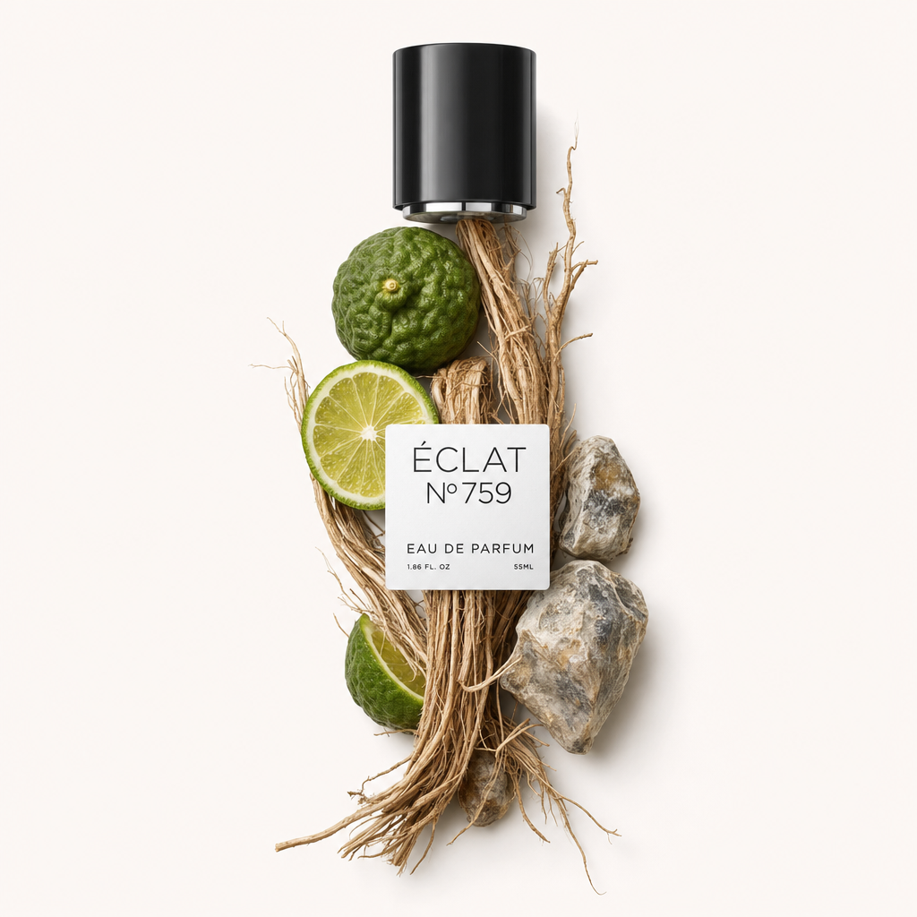Ein Arrangement aus frischen Vetiverwurzeln, einer halbierten Limette und Bergamotte umgibt eine schwarze Kappe mit ÉCLAT Fresh Vetiver Etikett.