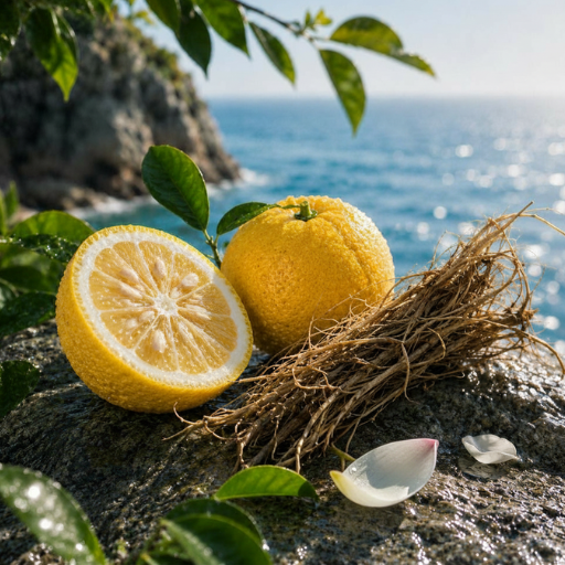 Frische Yuzu und Vetiver auf einem Stein am Meer, umgeben von üppigen grünen Blättern und Blütenblättern.