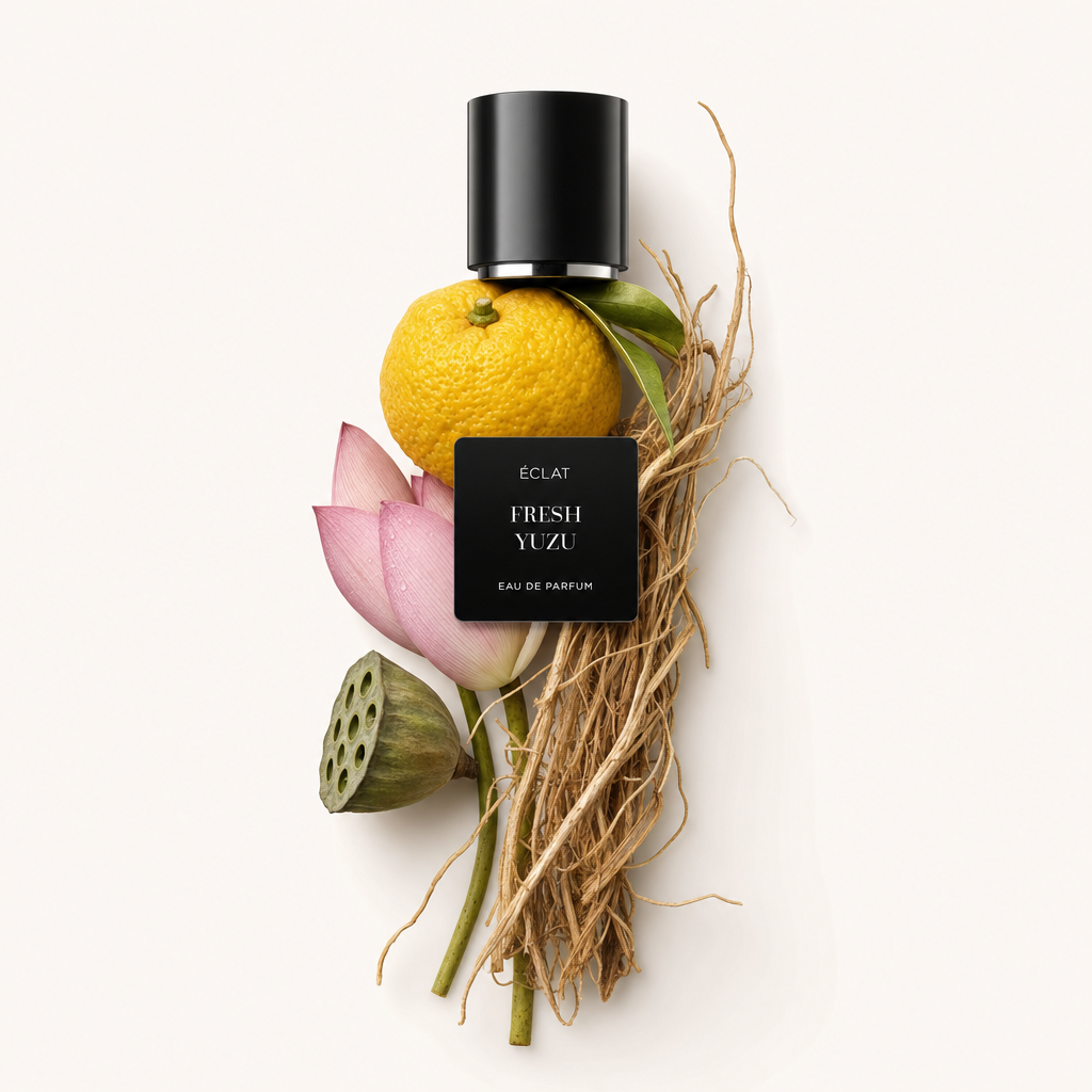 Ein Arrangement aus frischer Yuzufrucht, rosa Lotusblütenblättern und getrocknetem Gras umgibt eine schwarze Kappe mit Etikett für ÉCLAT Fresh Yuzu.