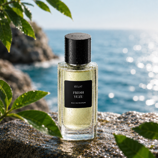 Ein facettierter Glasflakon von ÉCLAT Fresh Yuzu mit mattschwarzem Etikett und Verschluss vor einer Küstenkulisse.